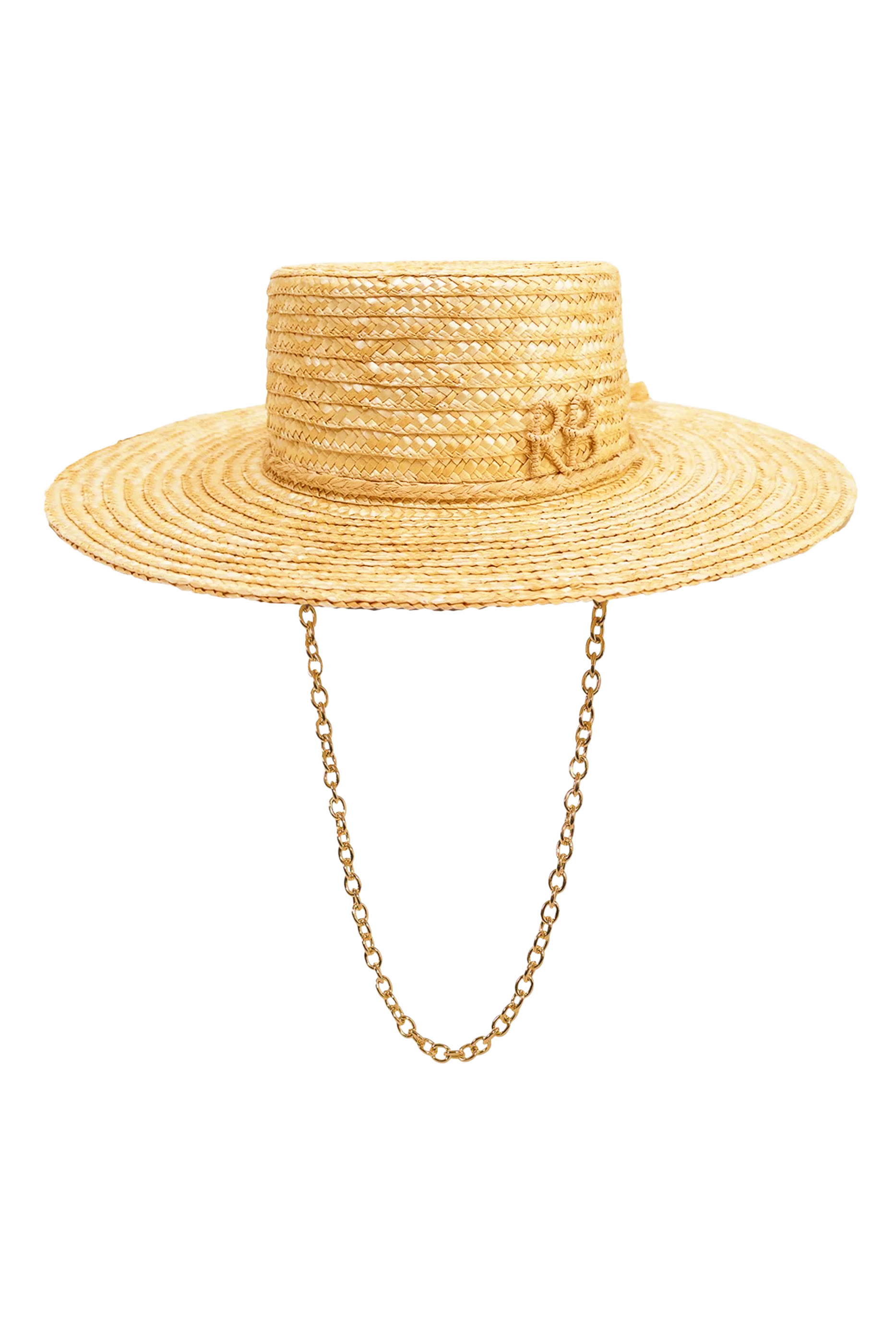 Monogram-Embellished Chain Strap Straw Boater Hat