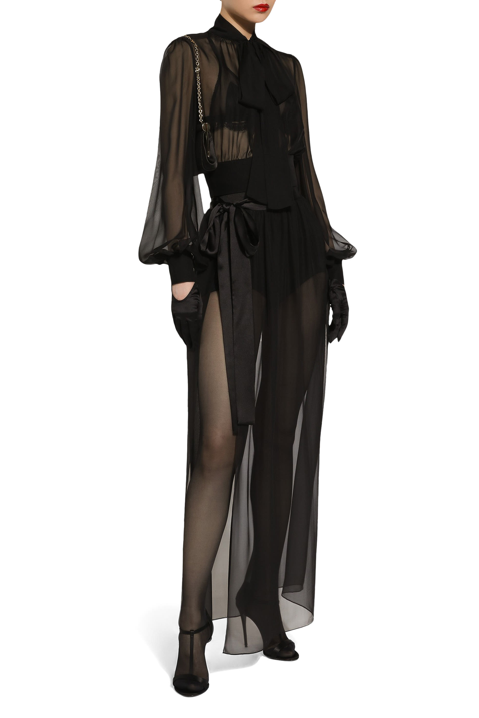 Long Silk Chiffon Skirt with Belt