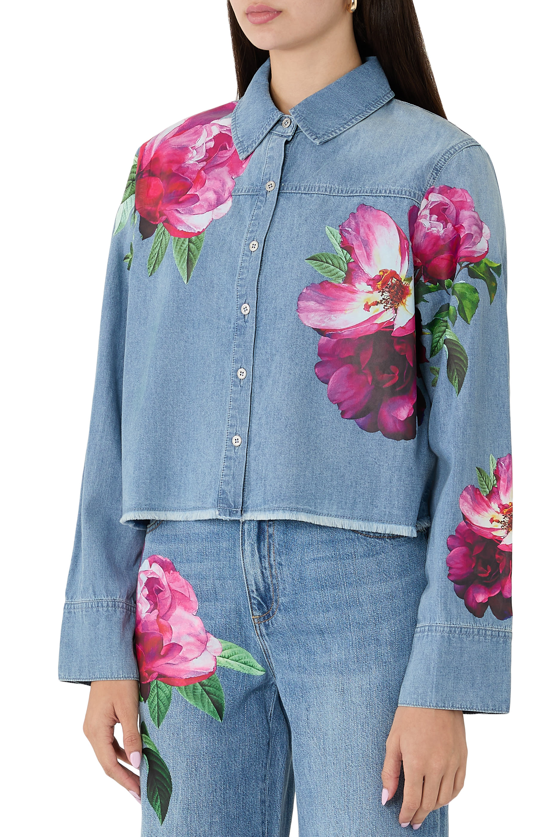 Floral Print Button-Down Cropped Shirt