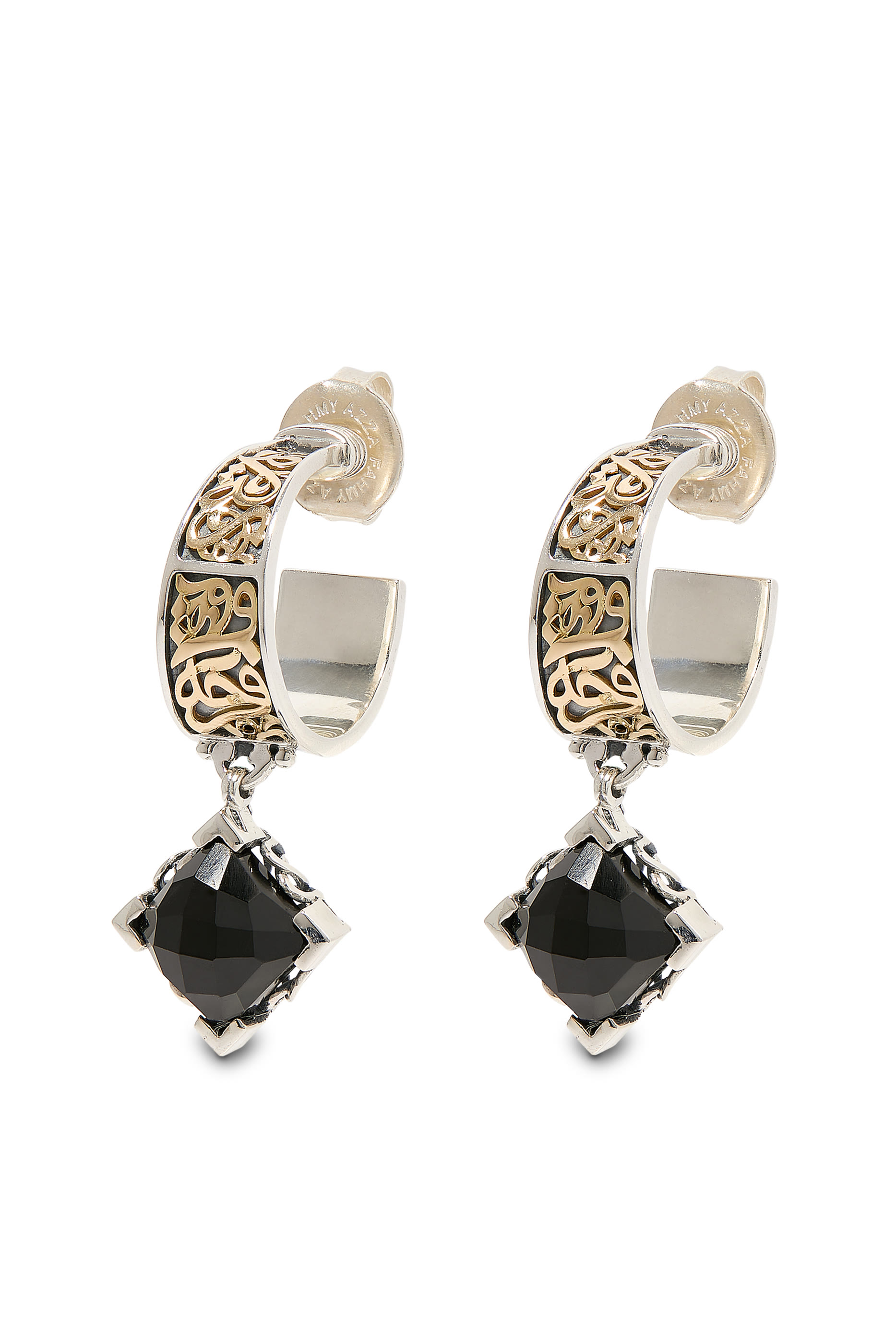 Calligraphy Blessing Earrings, 18k Yellow Gold, Sterling Silver & Onyx