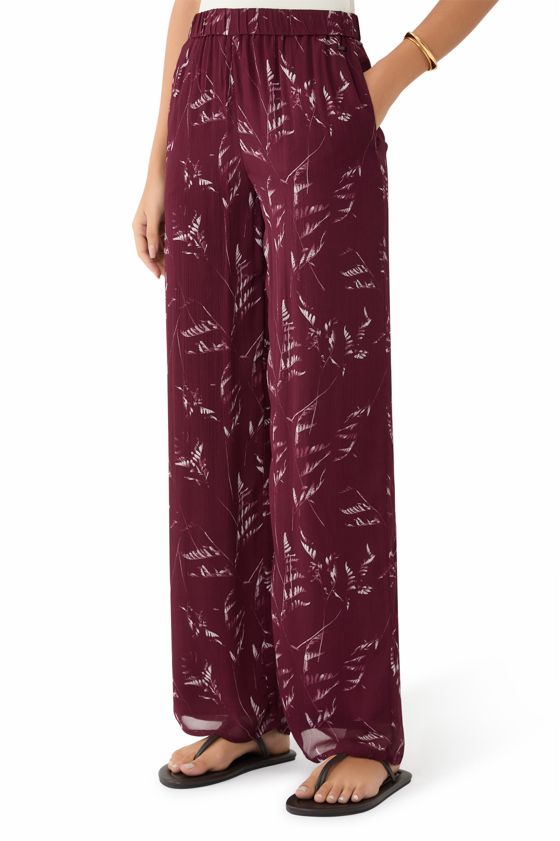 Pleated Chiffon Trousers with Foliage Print