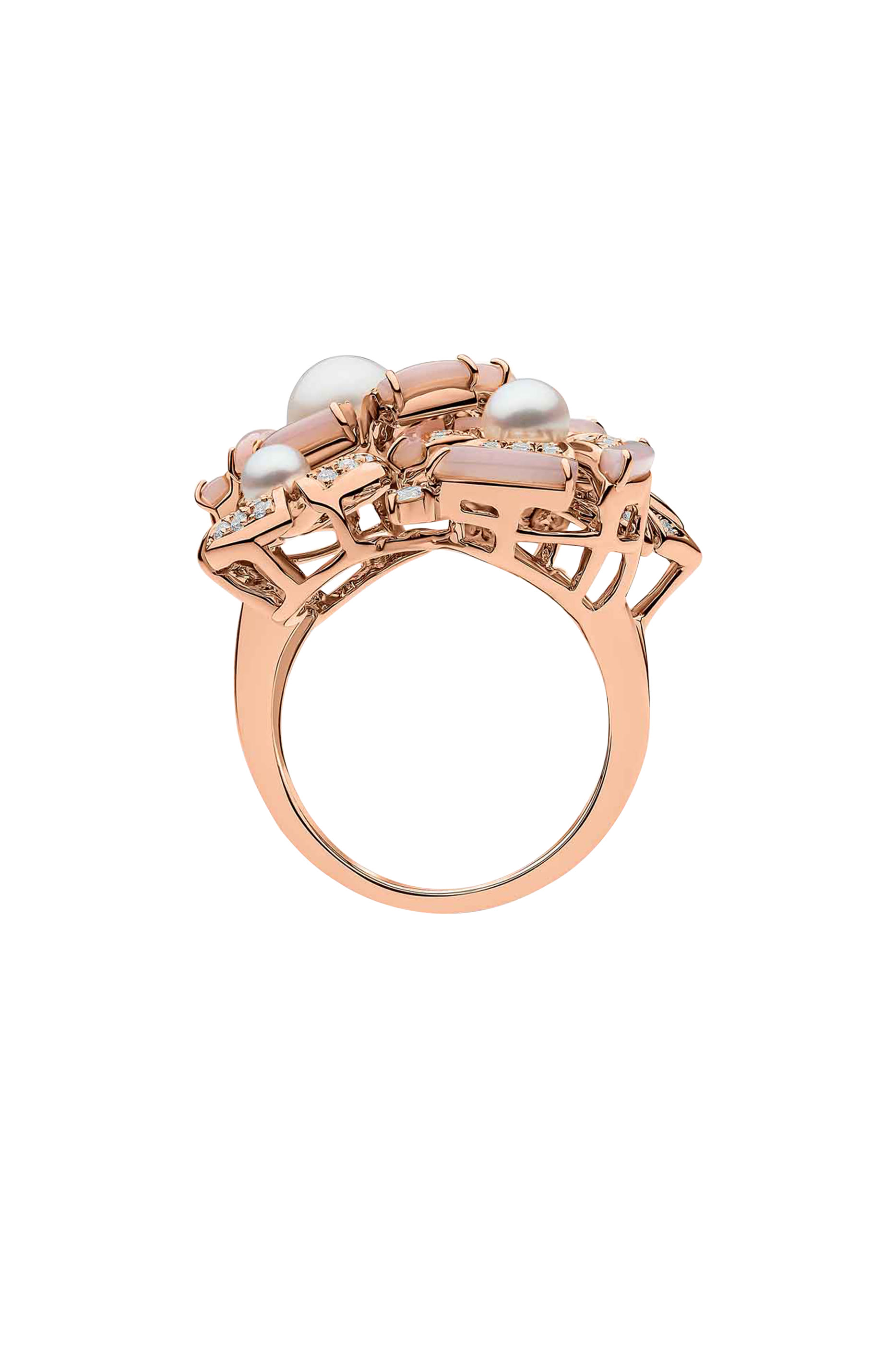 Cleopatra Ring, 18K Rose Gold with Freshwater Pearls, Pink Opal & Diamonds