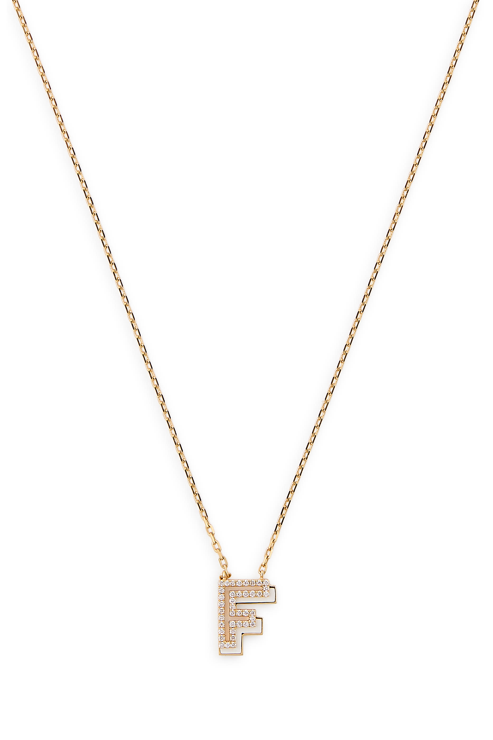  Letter F Silhouette Necklace,  18k Yellow Gold with Diamonds & Enamel