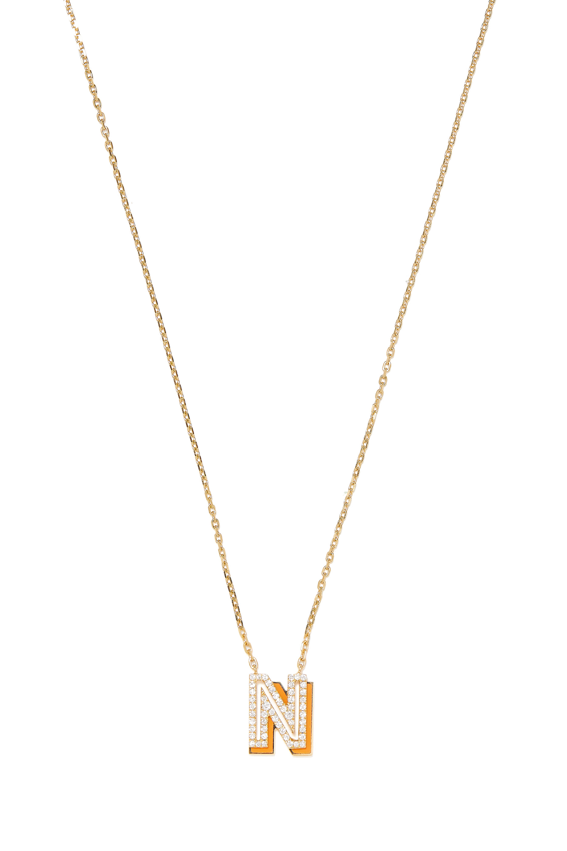 N Letter Pendant Necklace, 18k Gold, Orange Enamel & Diamond