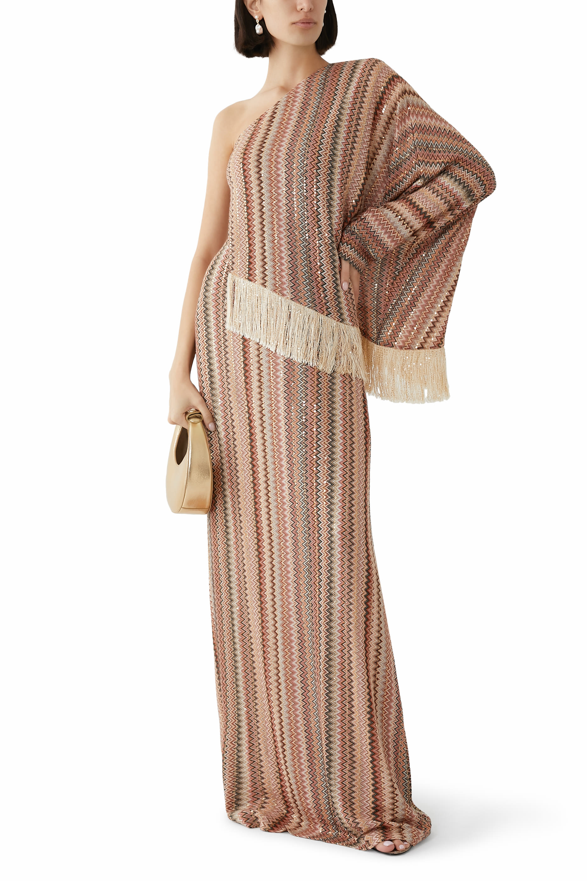 Exclusive Chevron Raschel Sequinned Flared Asymmetrical Maxi Dress