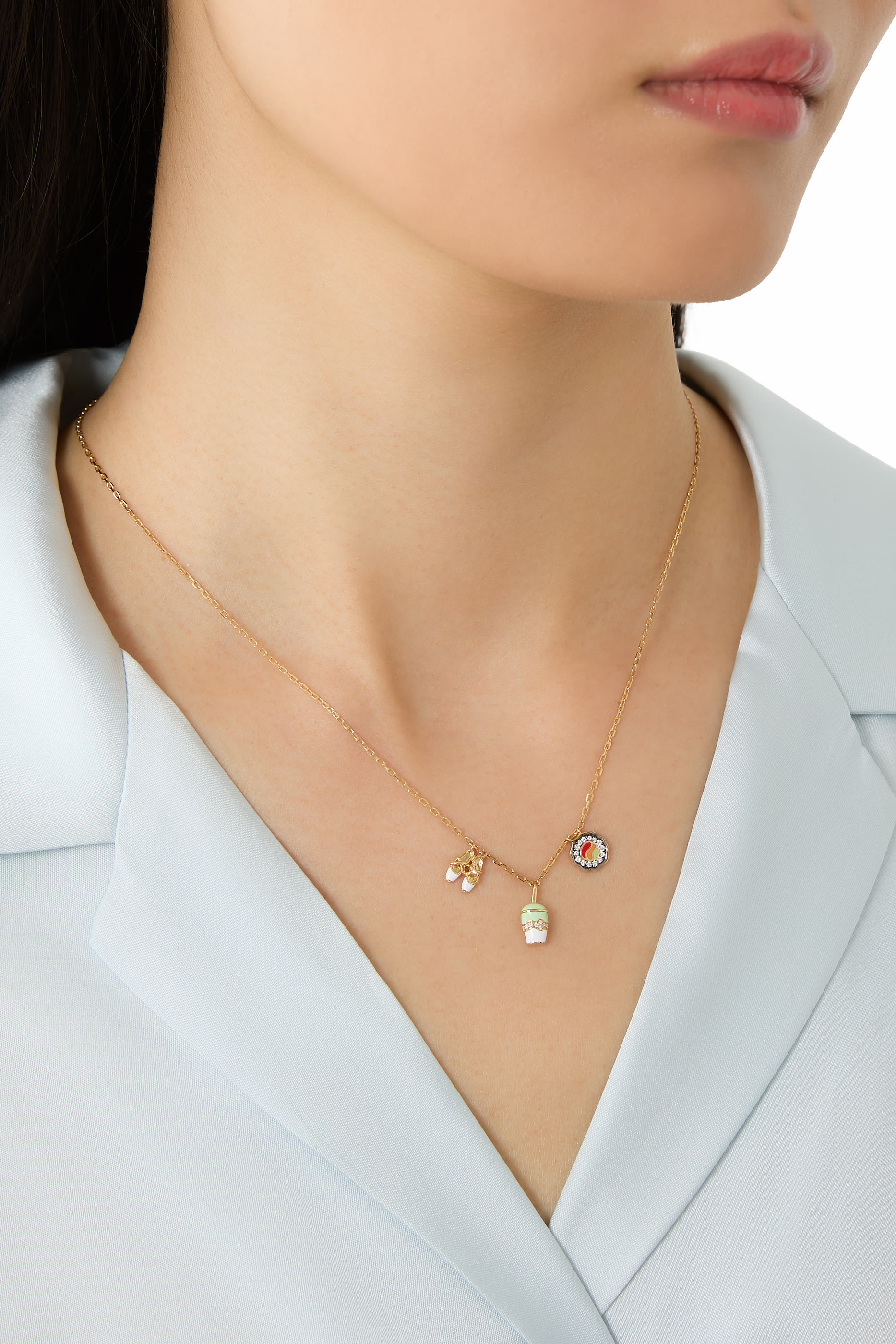 Mini Matcha, Pilates, Sushi Chain Necklace, 18k Yellow Gold & Diamonds