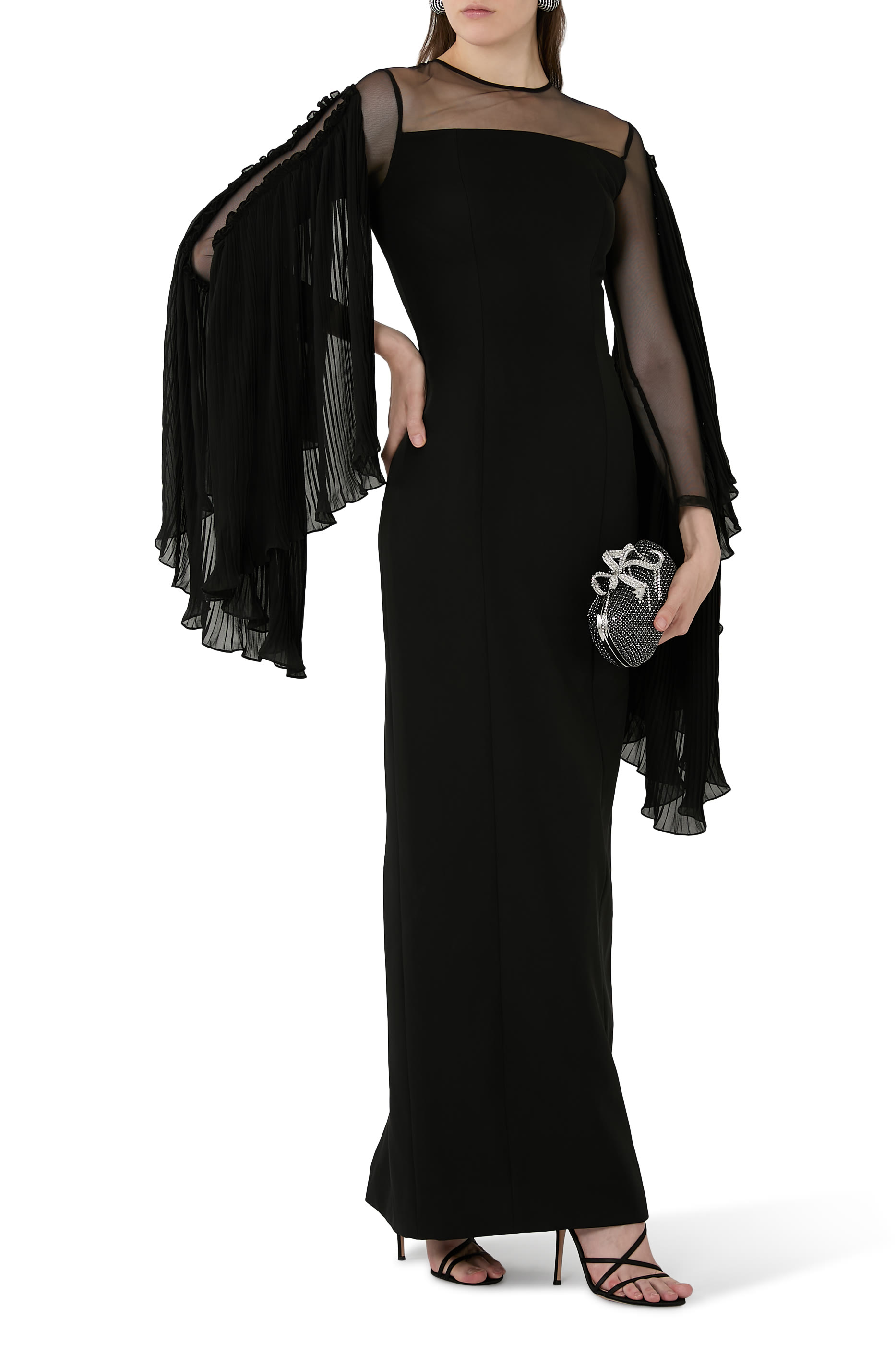 Long Sleeve Crepe Gown With Illusion & Pleated Chiffon Fringe Sleeve
