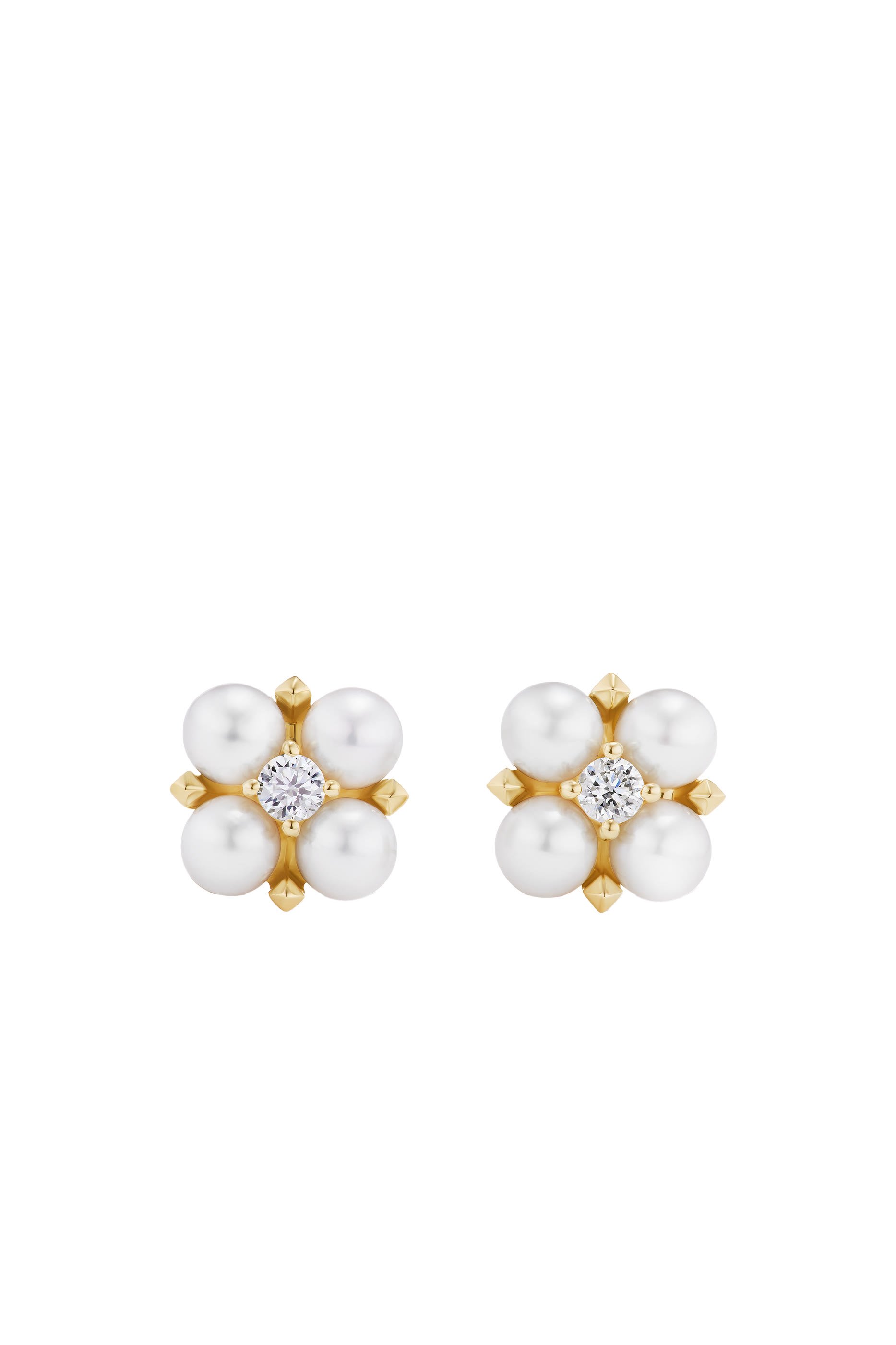 Petite Modern Renaissance Stud Earrings,18K Yellow Gold with Pearls and Diamonds