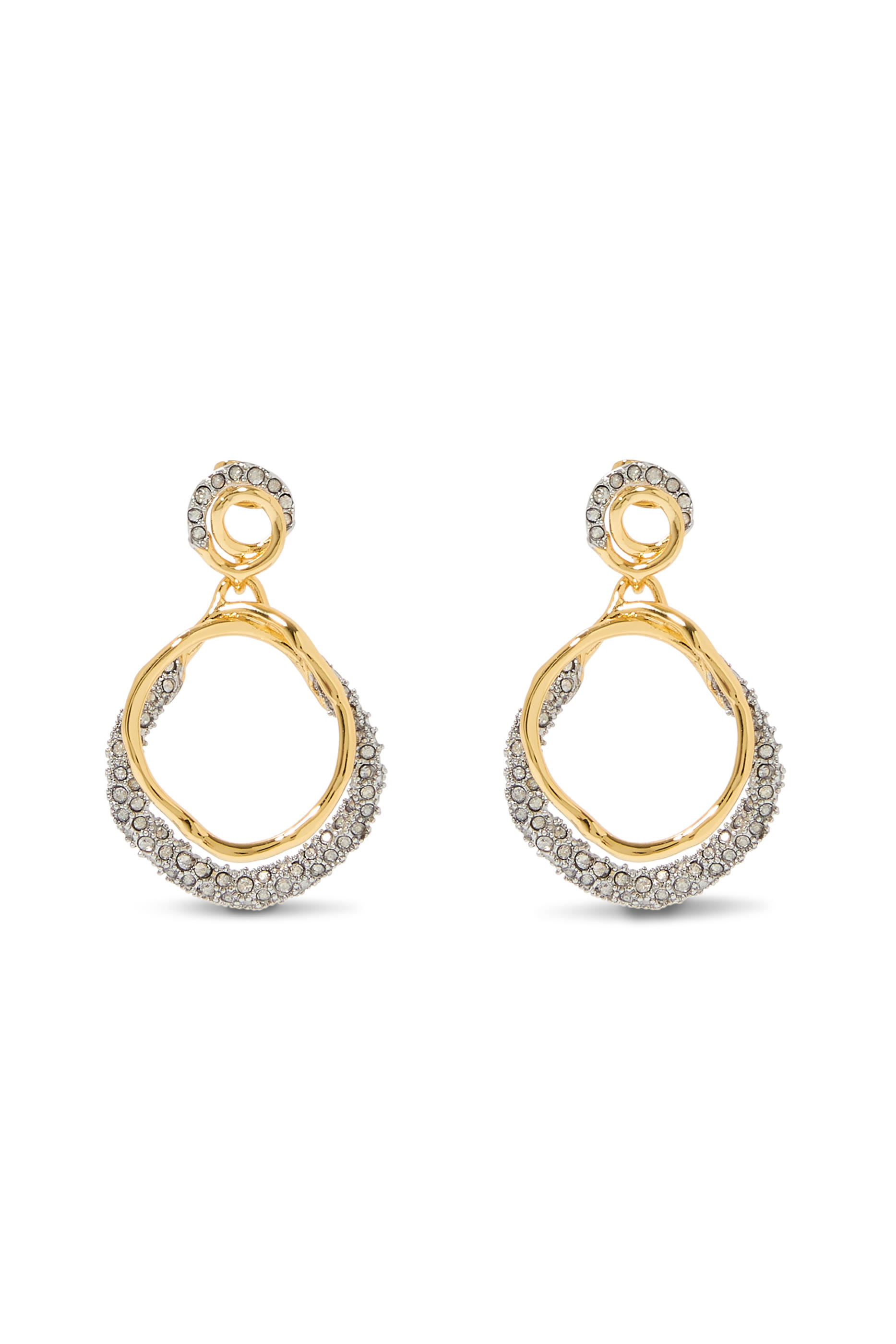 Solanales Crystal Orbit Drop Post Earrings, 14k Gold Plated Brass with Rhodium Tone Plated Brass & Crystal