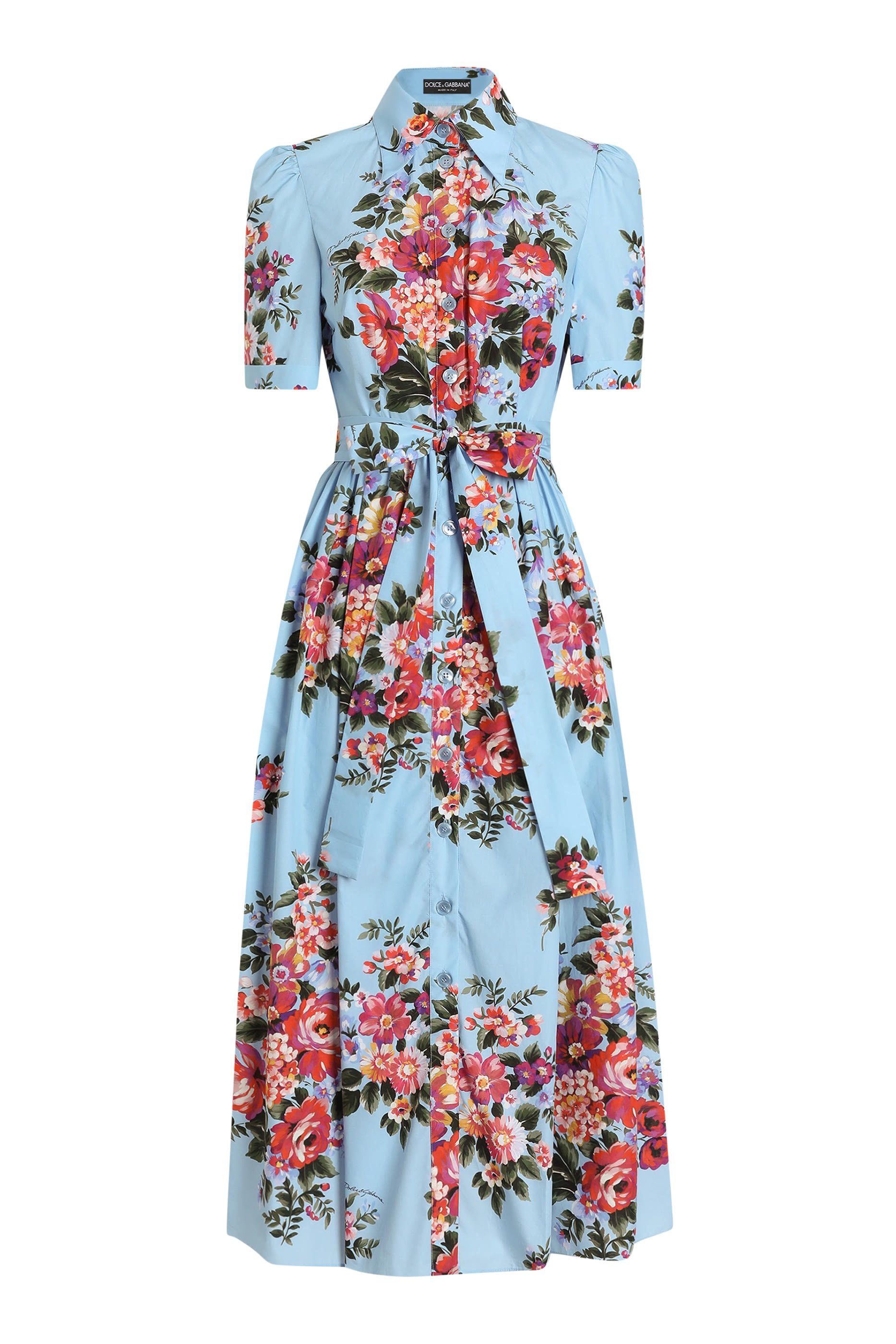 Flower Bouquet-Print Poplin Shirt Dress