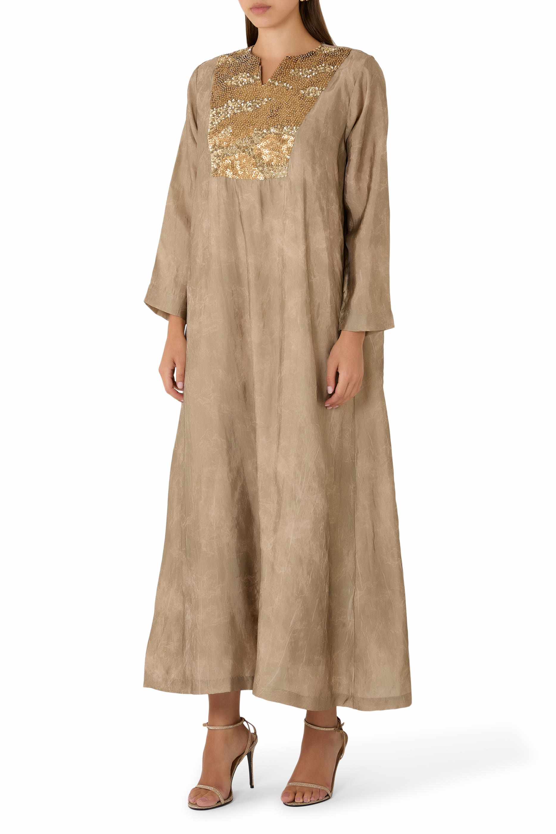 Sequin Embellished Split Neck Dress with Inner Dress 