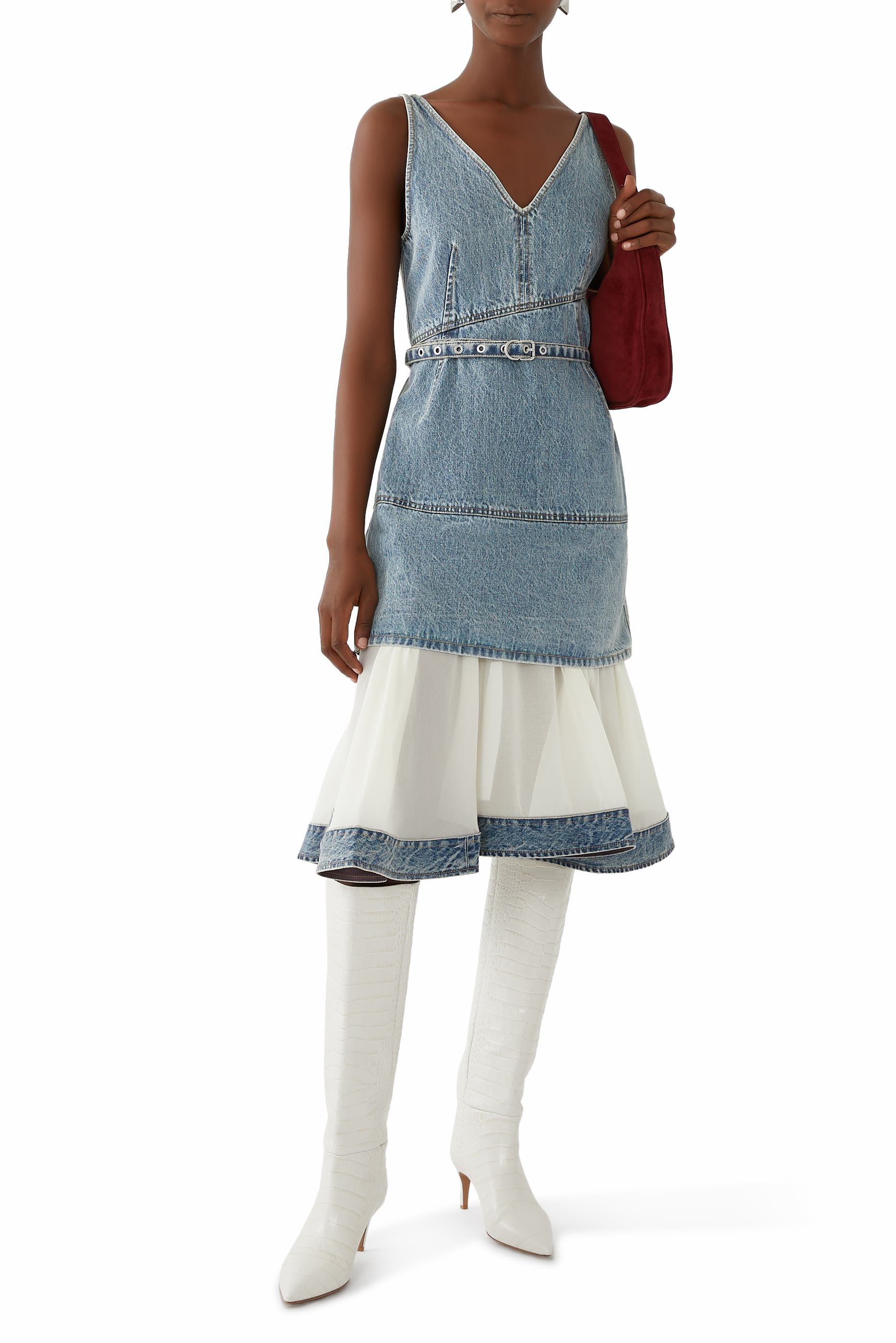 Denim V-Neck Dress with Chiffon Hem