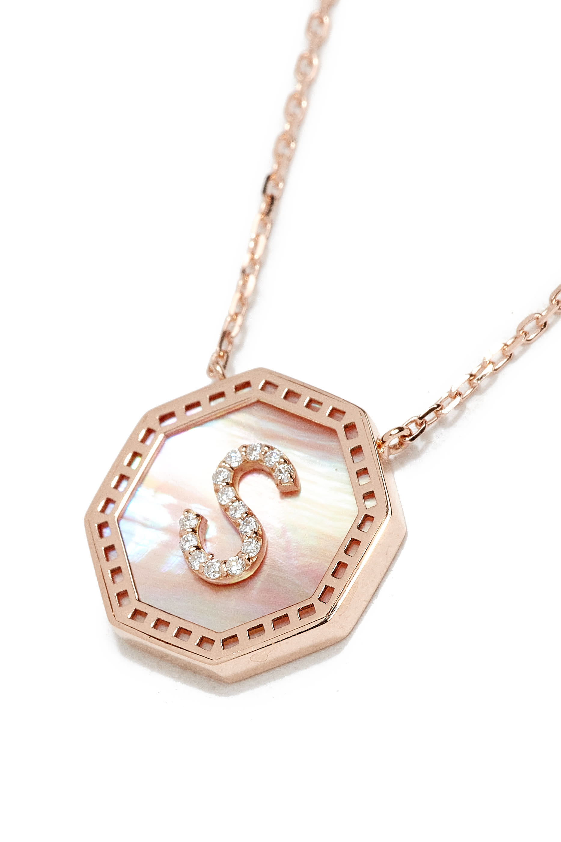 Harf Turath Letter S Pendant Necklace, 18k Rose Gold, Diamonds & Mother of Pearl