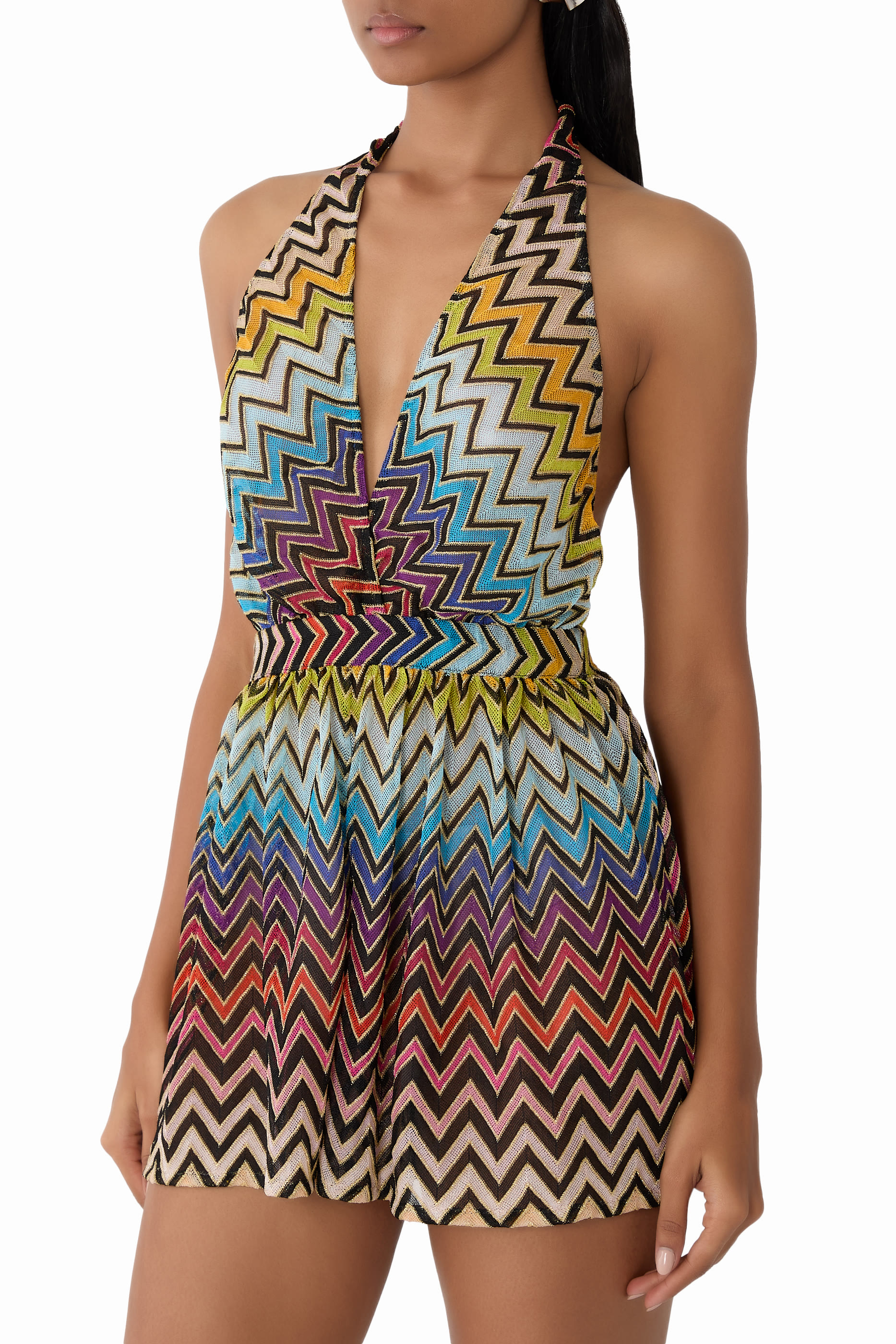 Zigzag Short Jumpsuit in Viscose Blend Lam&eacute; with V-Neck