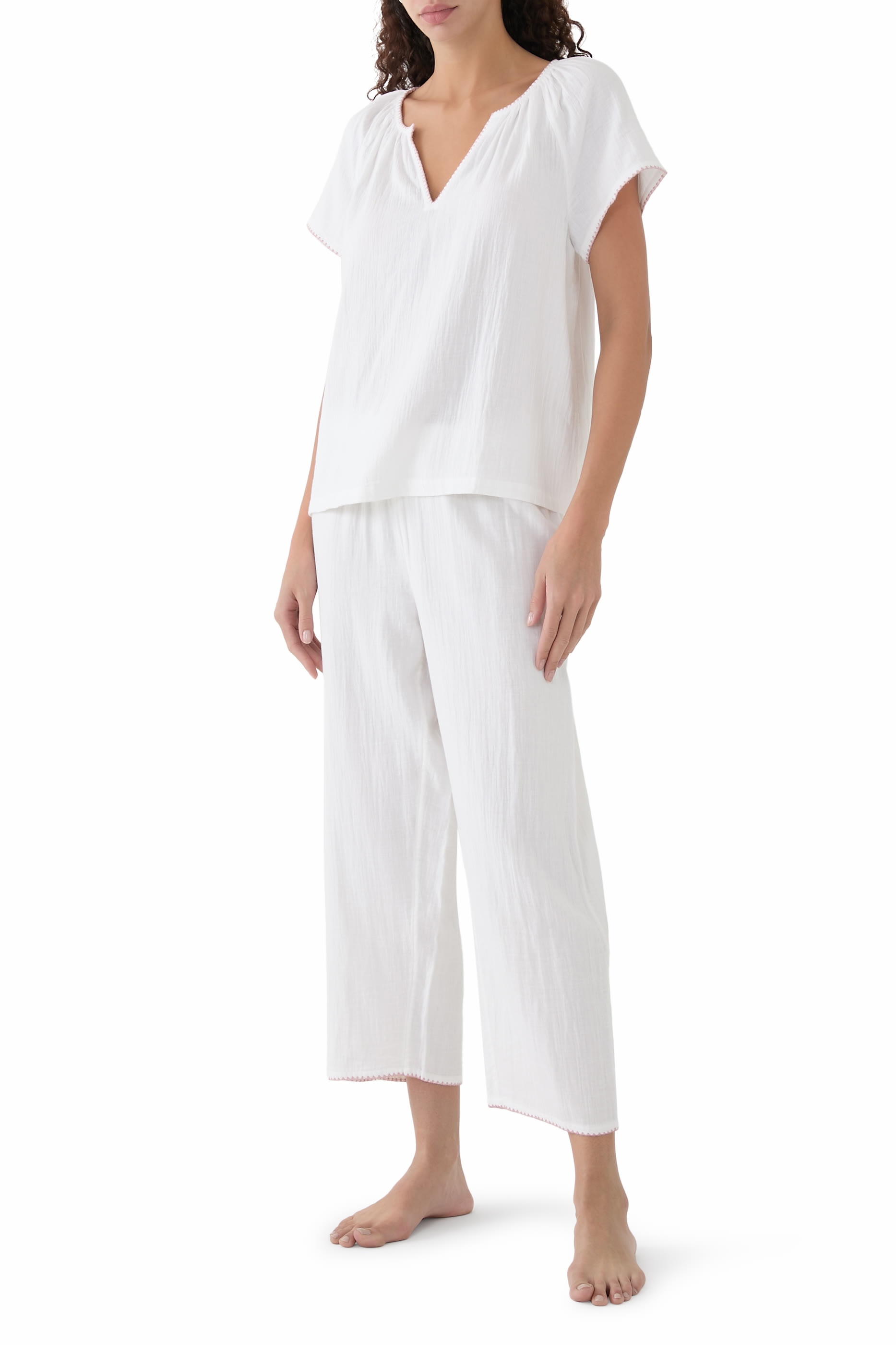 Blanket Stitch Boho Cropped Pajama Set Organic Double Cotton