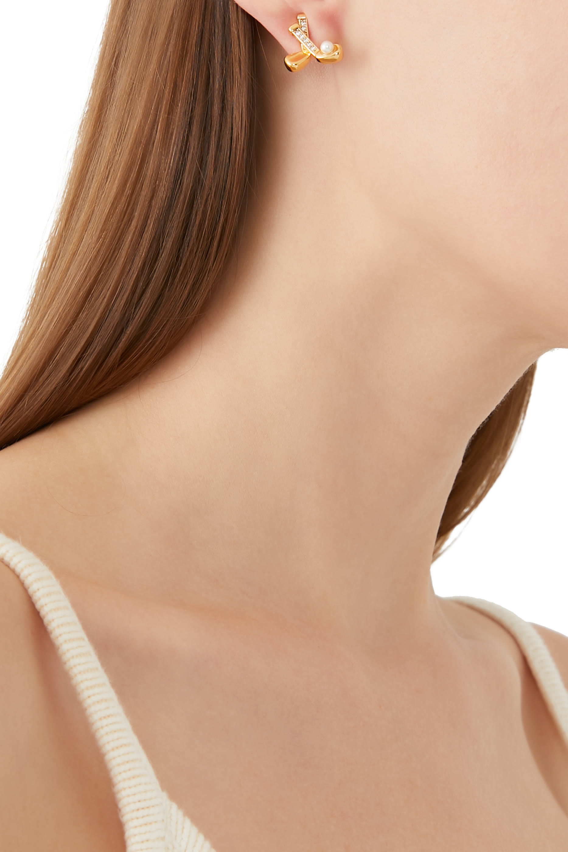 Hole In One Asymmetrical Studs, Plated Brass & Glass Pearl