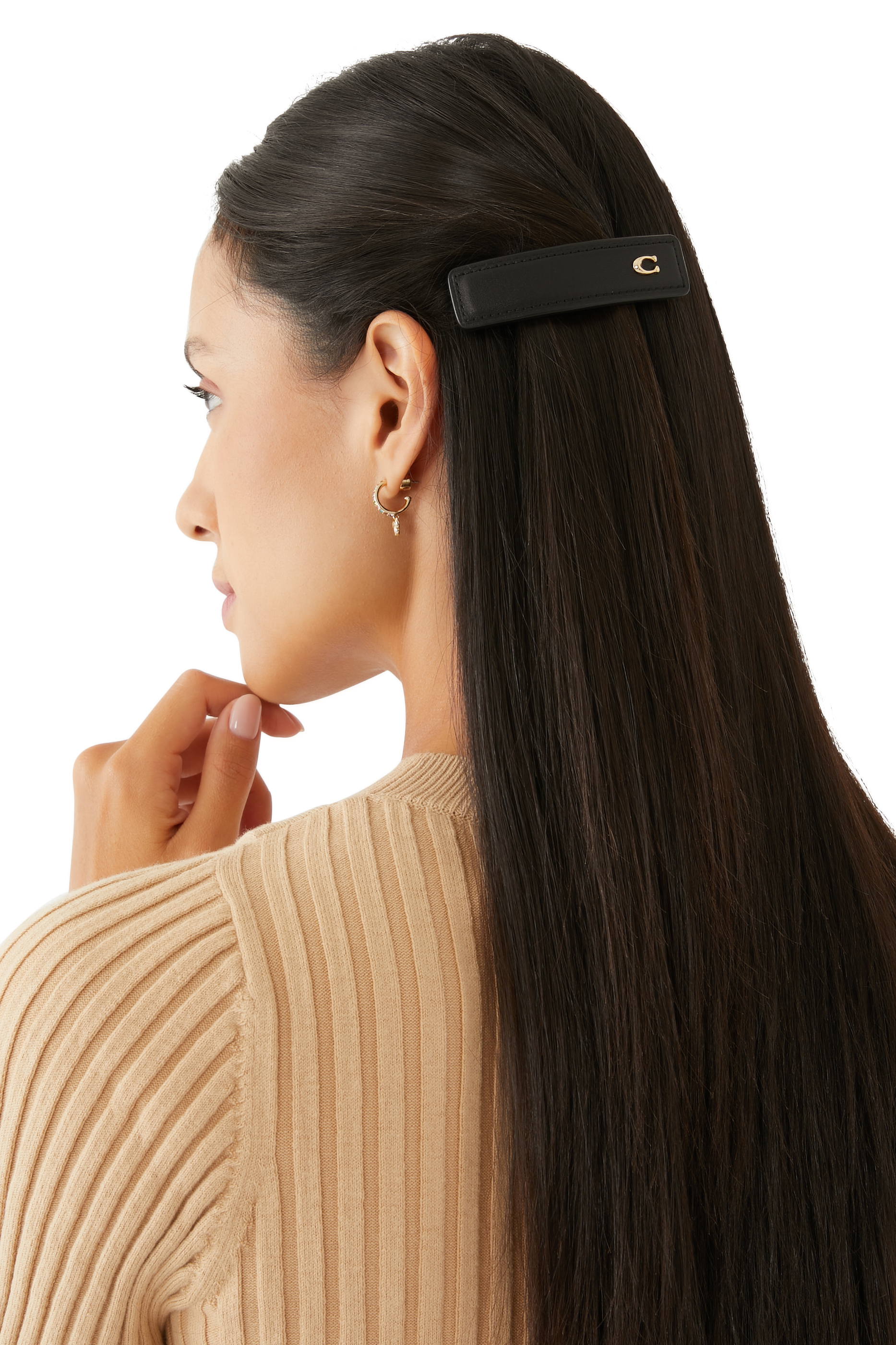 Signature Leather Barrette, Leather & Plated Brass, Resin, Cubic Zirconia