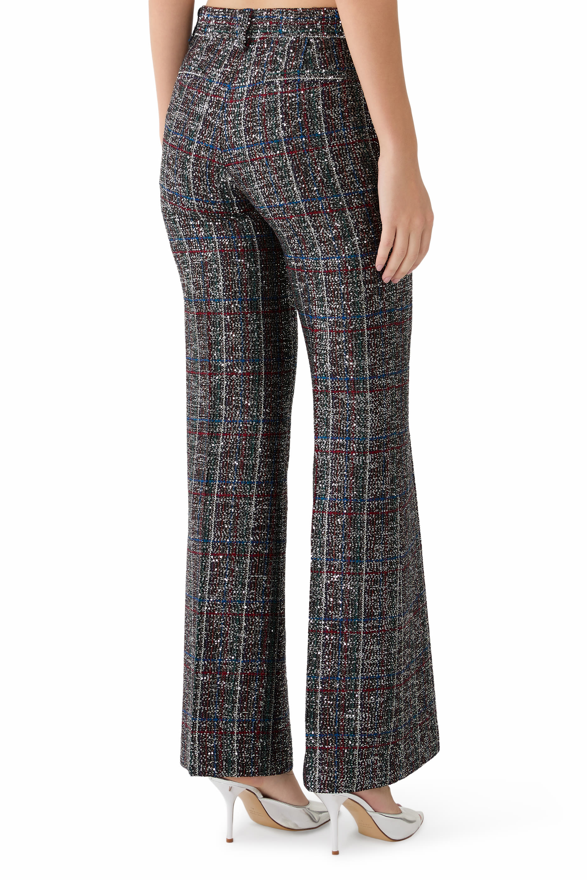 Flared Pants with Sequins in a Check Pattern