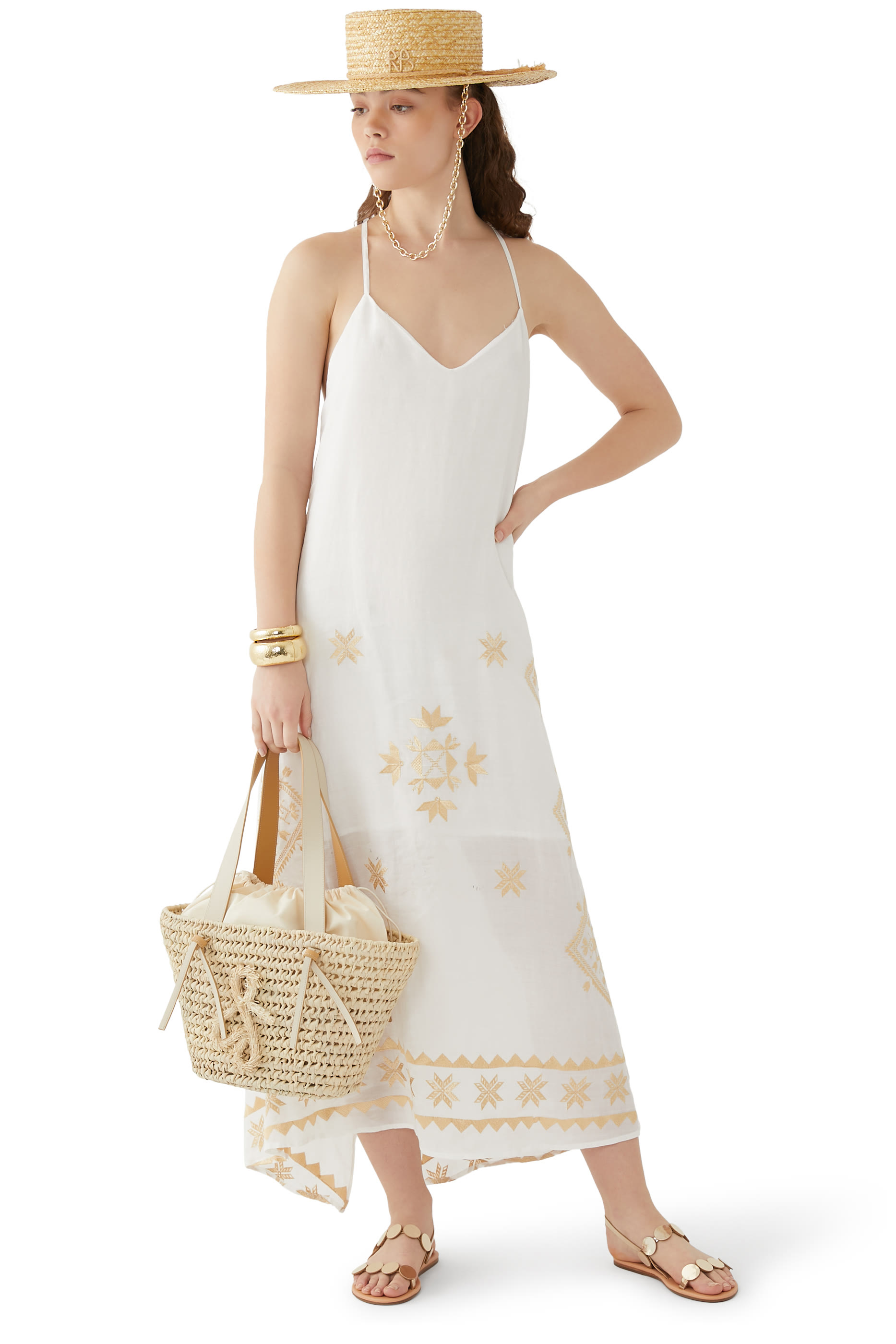 Monogram-Embellished Chain Strap Straw Boater Hat