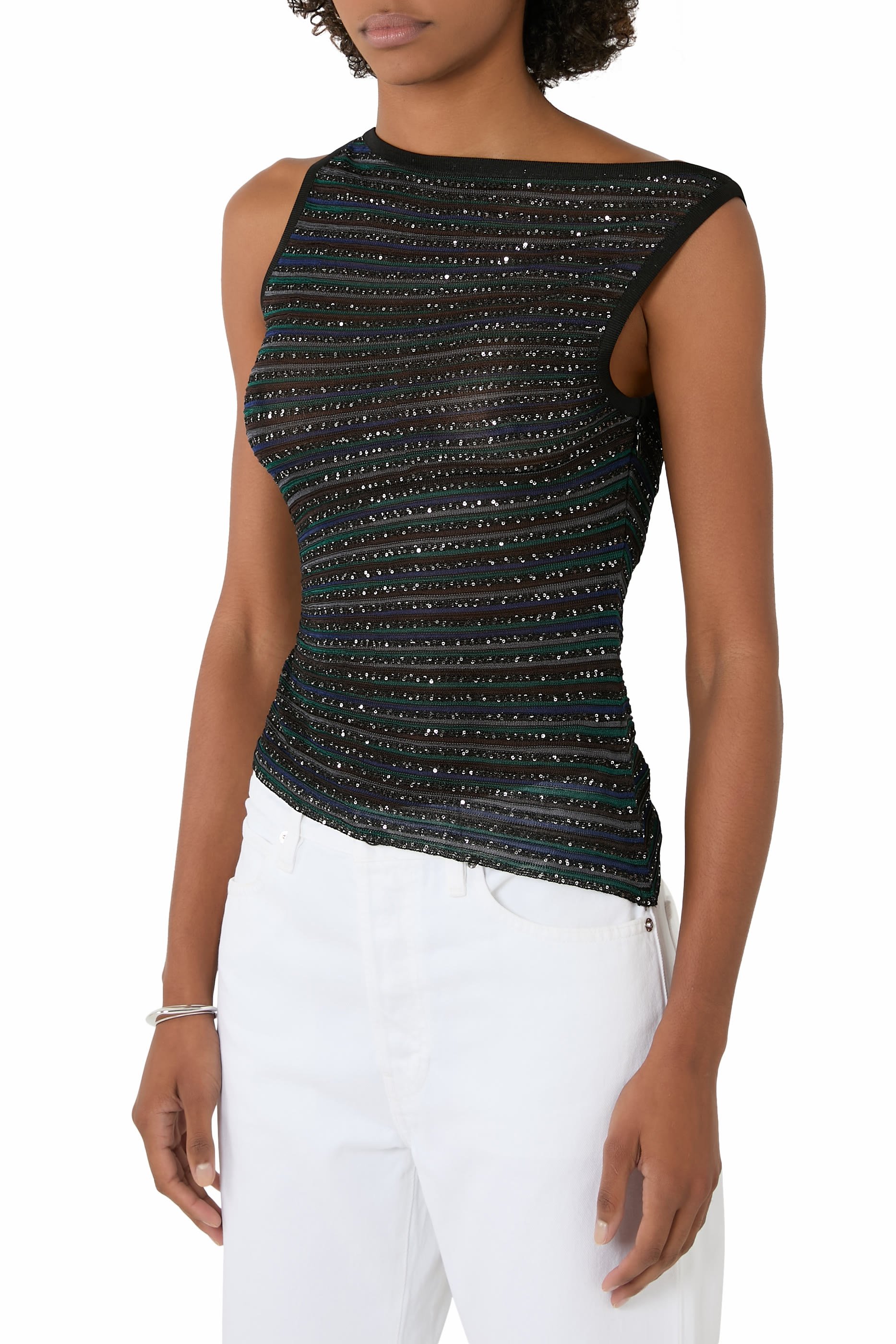 Partialized Sequinned Knit Sleeveless Asymmetric Top