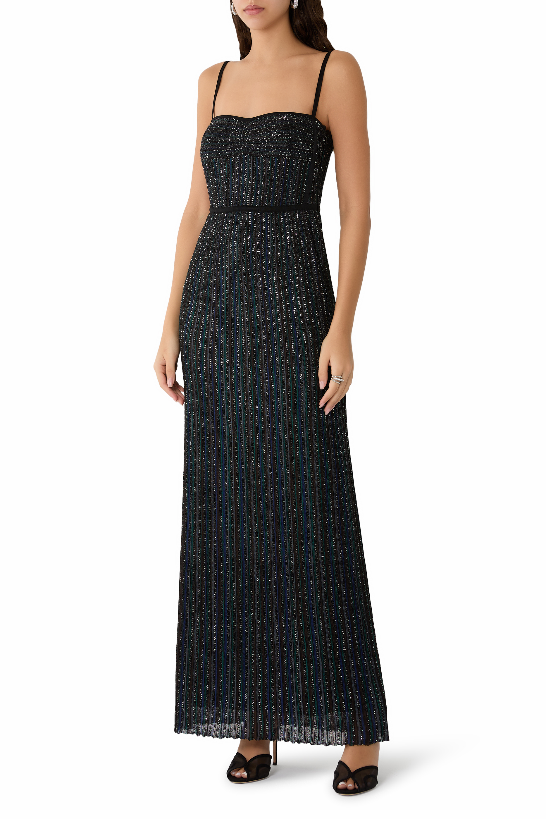  Sleeveless Long Dress with Lamé Stripes