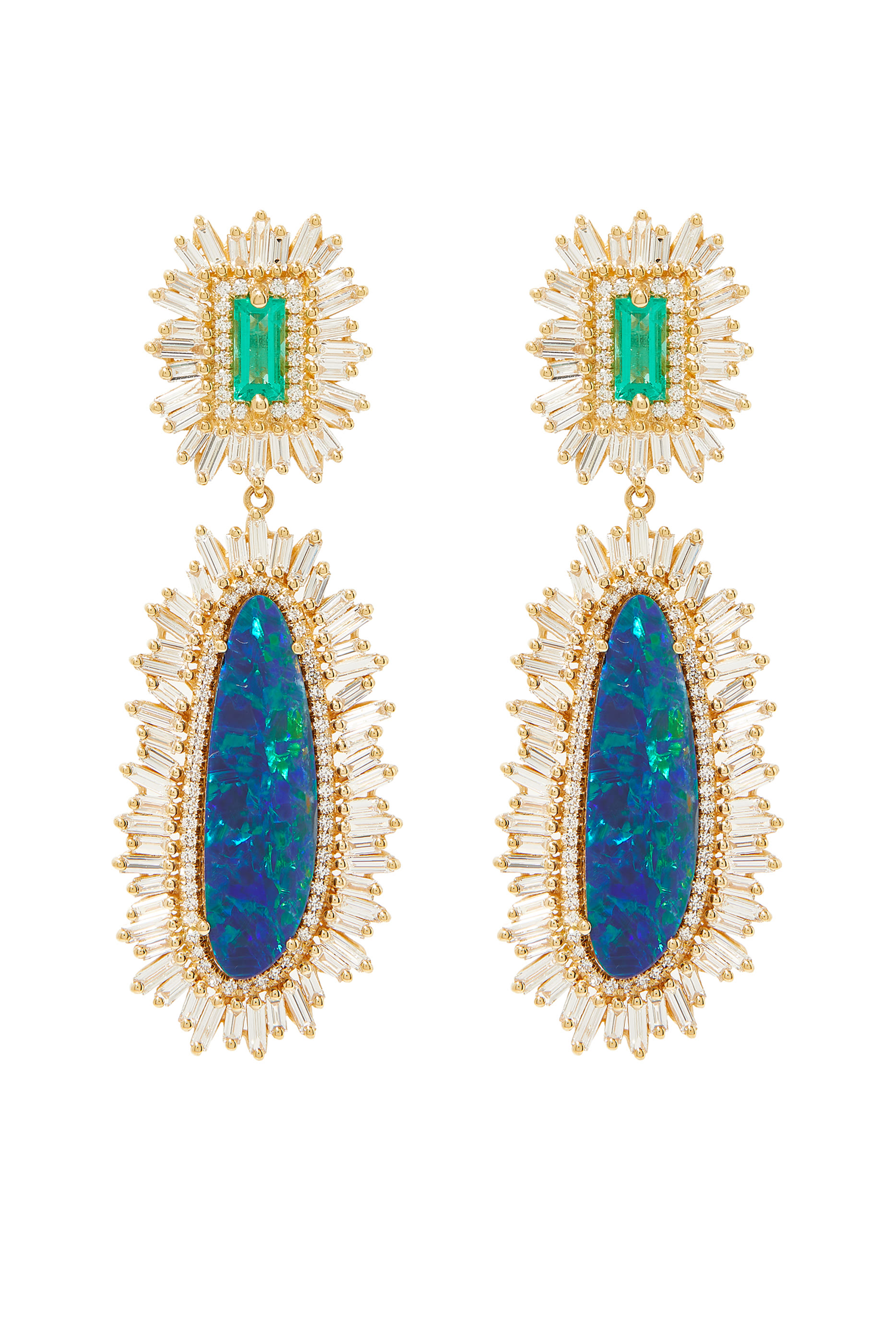 Blue Opal Baguette Drop Earrings, 18k Yellow Gold & Emerald Diamond