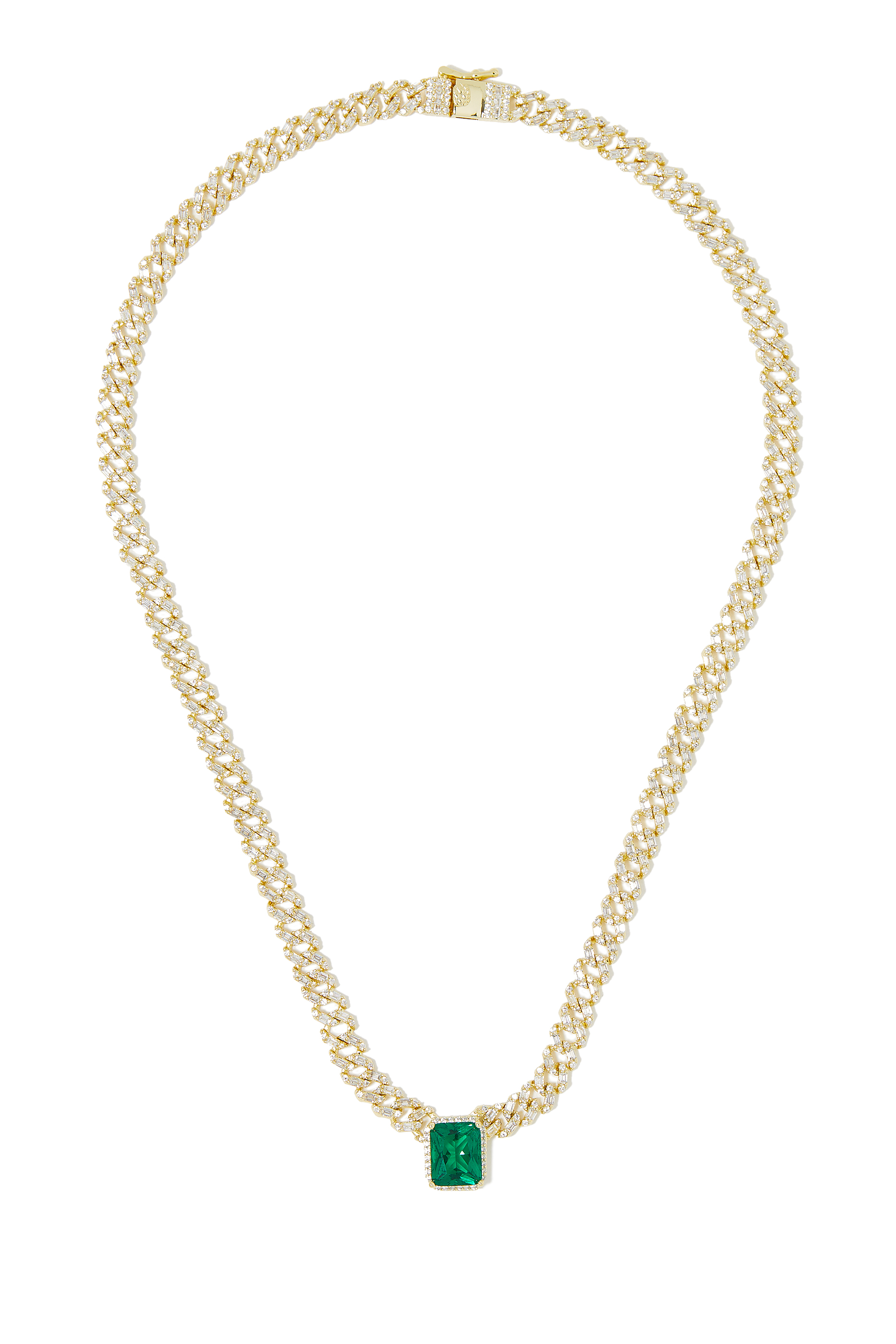Pave Curb Chain Necklace, Gold-Plated Brass, Emerald & Cubic Zirconia