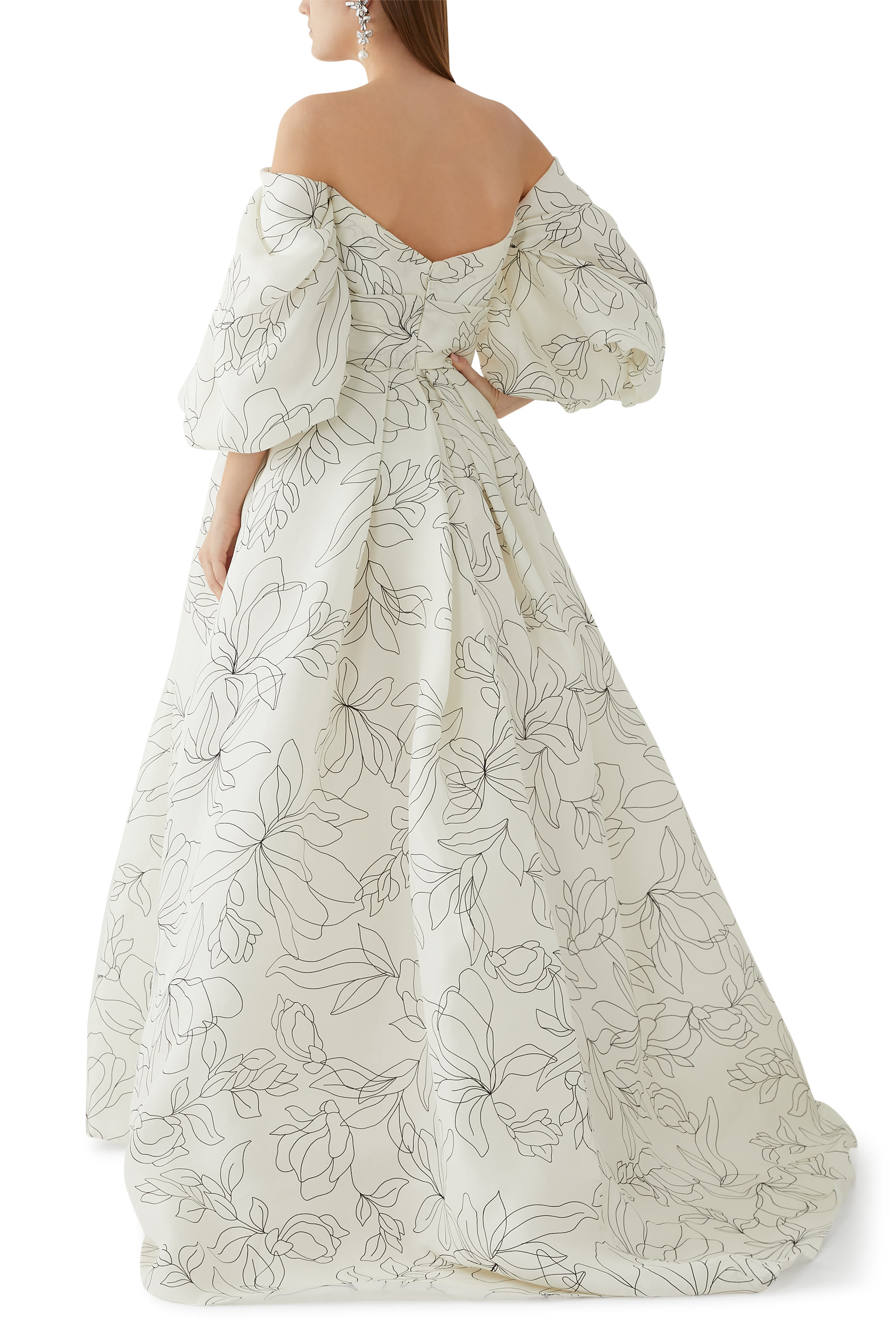 Off-The-Shoulder Floral Blouson-Sleeve Ball Gown