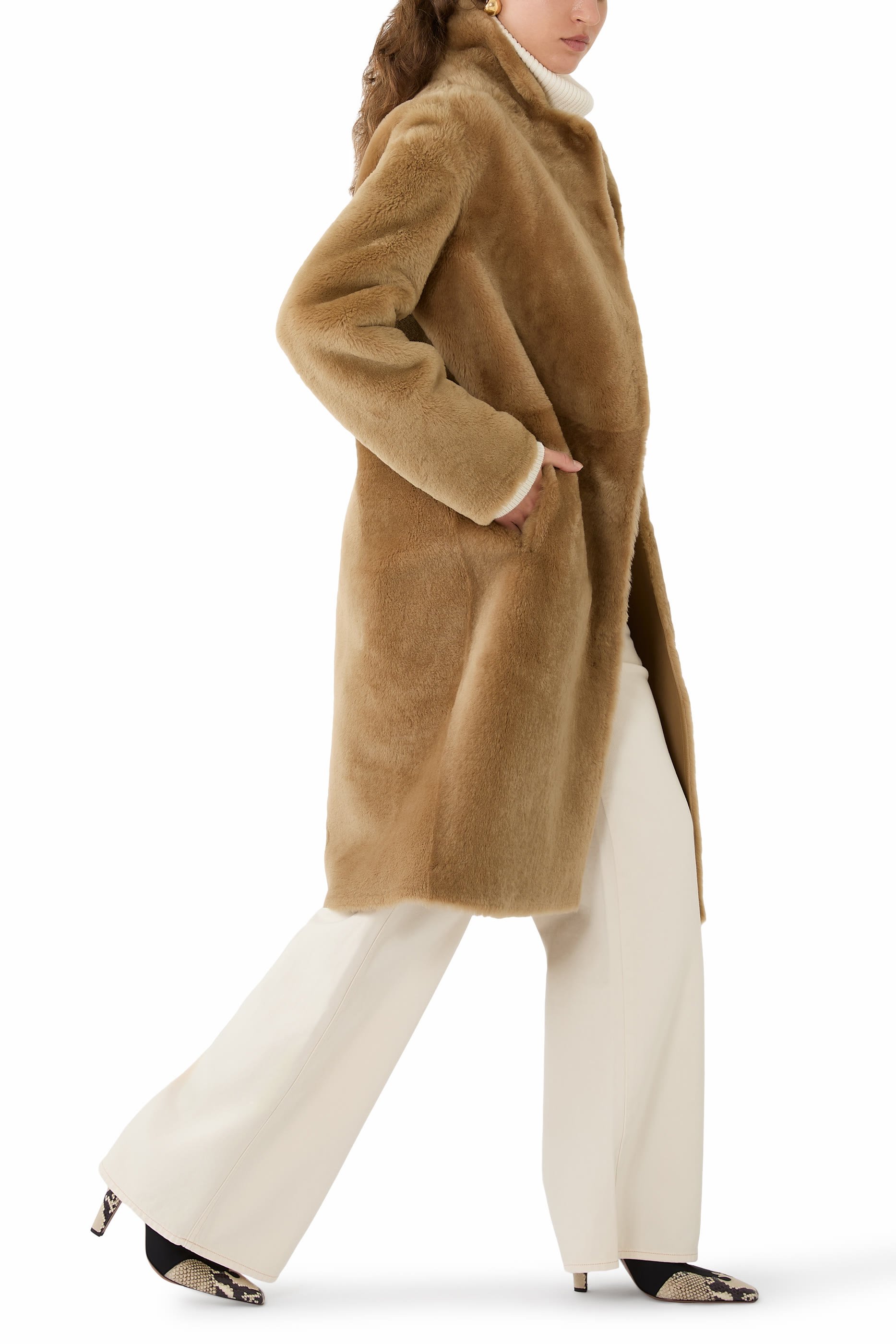 Notched-Lapel Slip-Pocket Shearling Coat