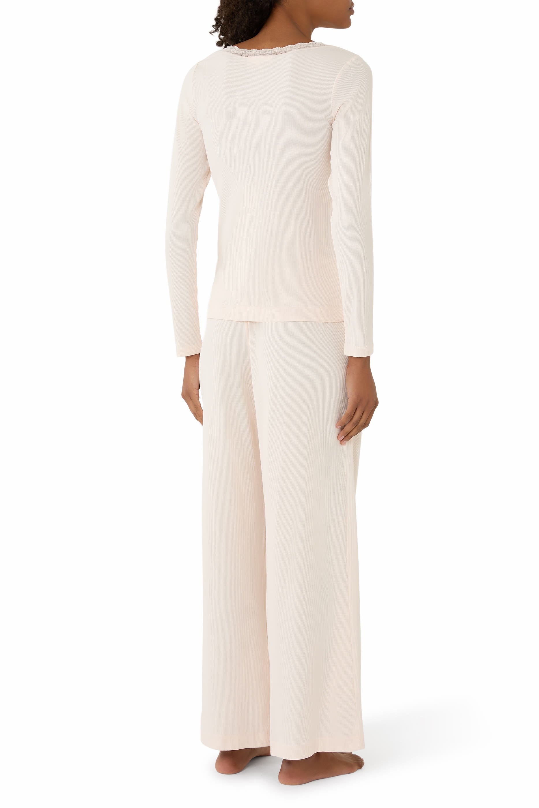 Jersey Lace Trim Long Sleeve Ribbed Pyjama Set 