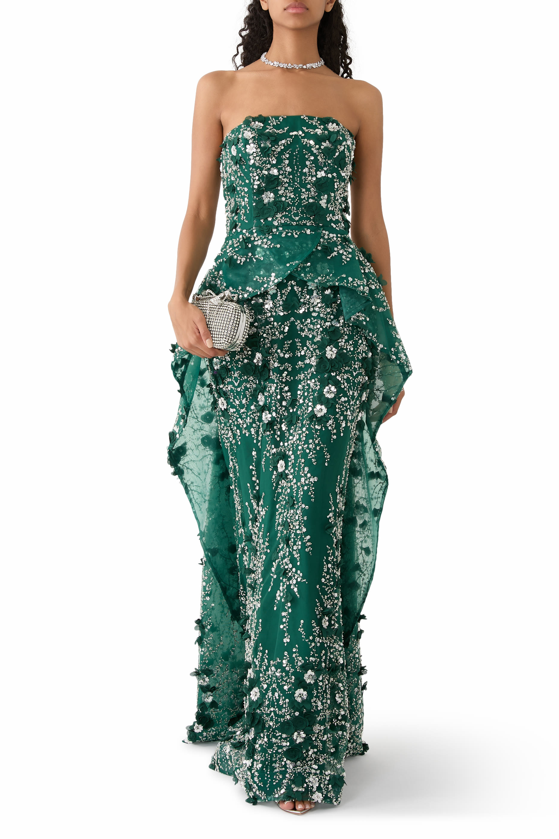 Flower-Embellished Strapless Gown