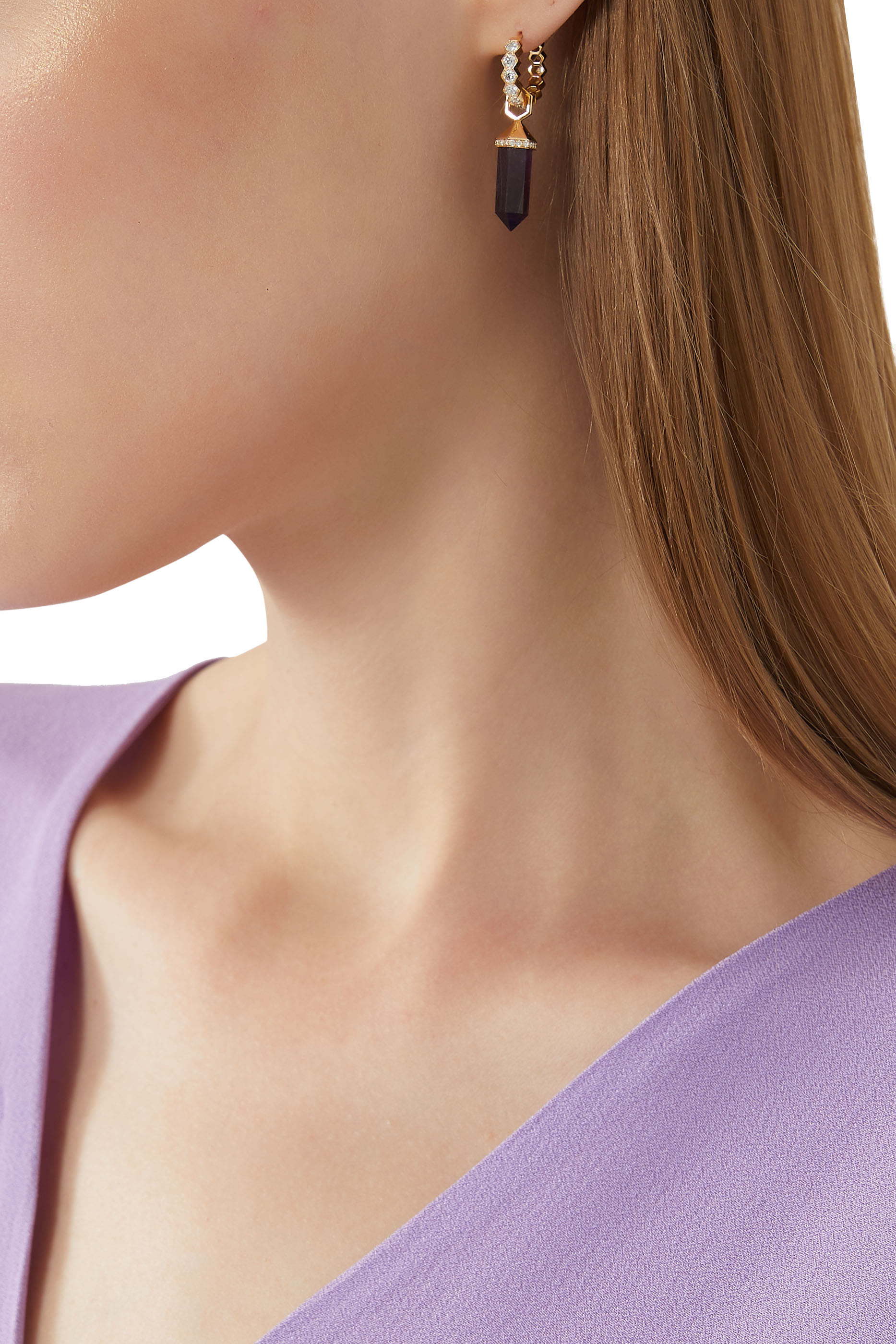 Small Vertical Chakra Single Earring, 18k Yellow Gold with Diamonds & Amethyst