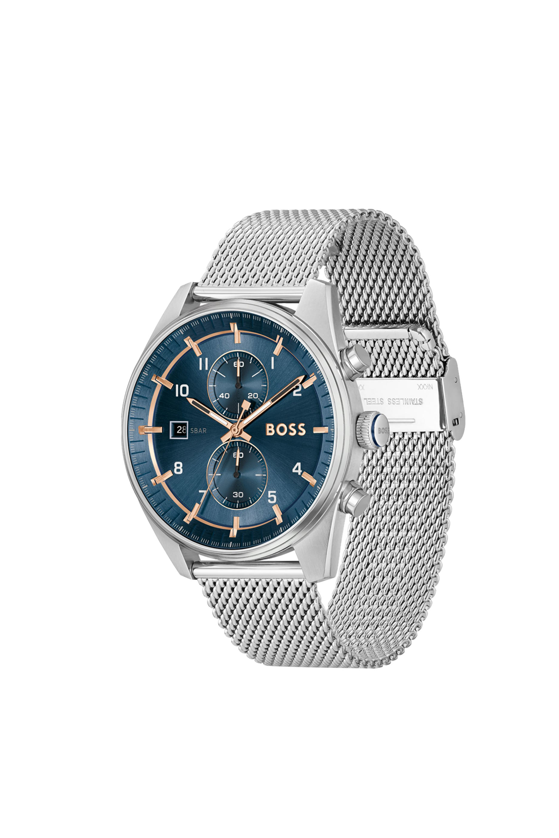 Mesh-Bracelet Chronograph Watch with Blue Dial