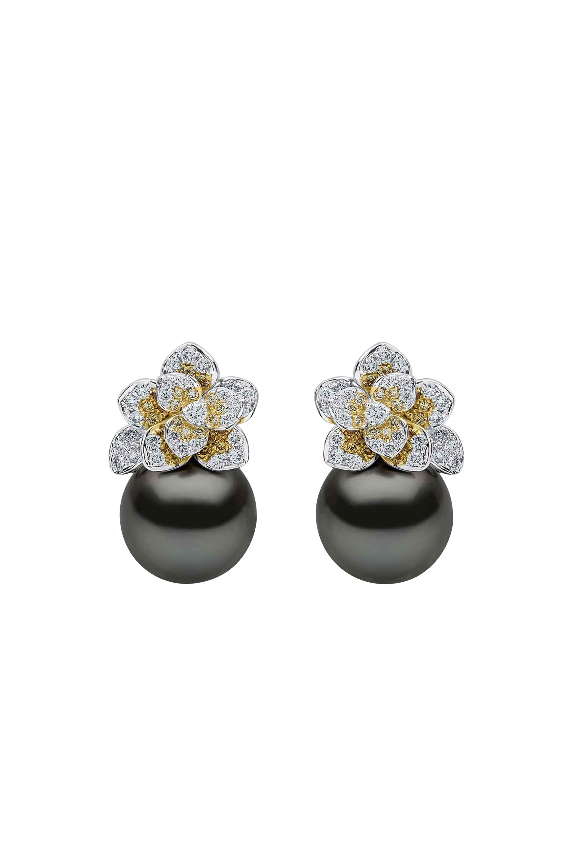 Drop Earrings,  18K White Gold with Tahitian Pearl & Diamonds