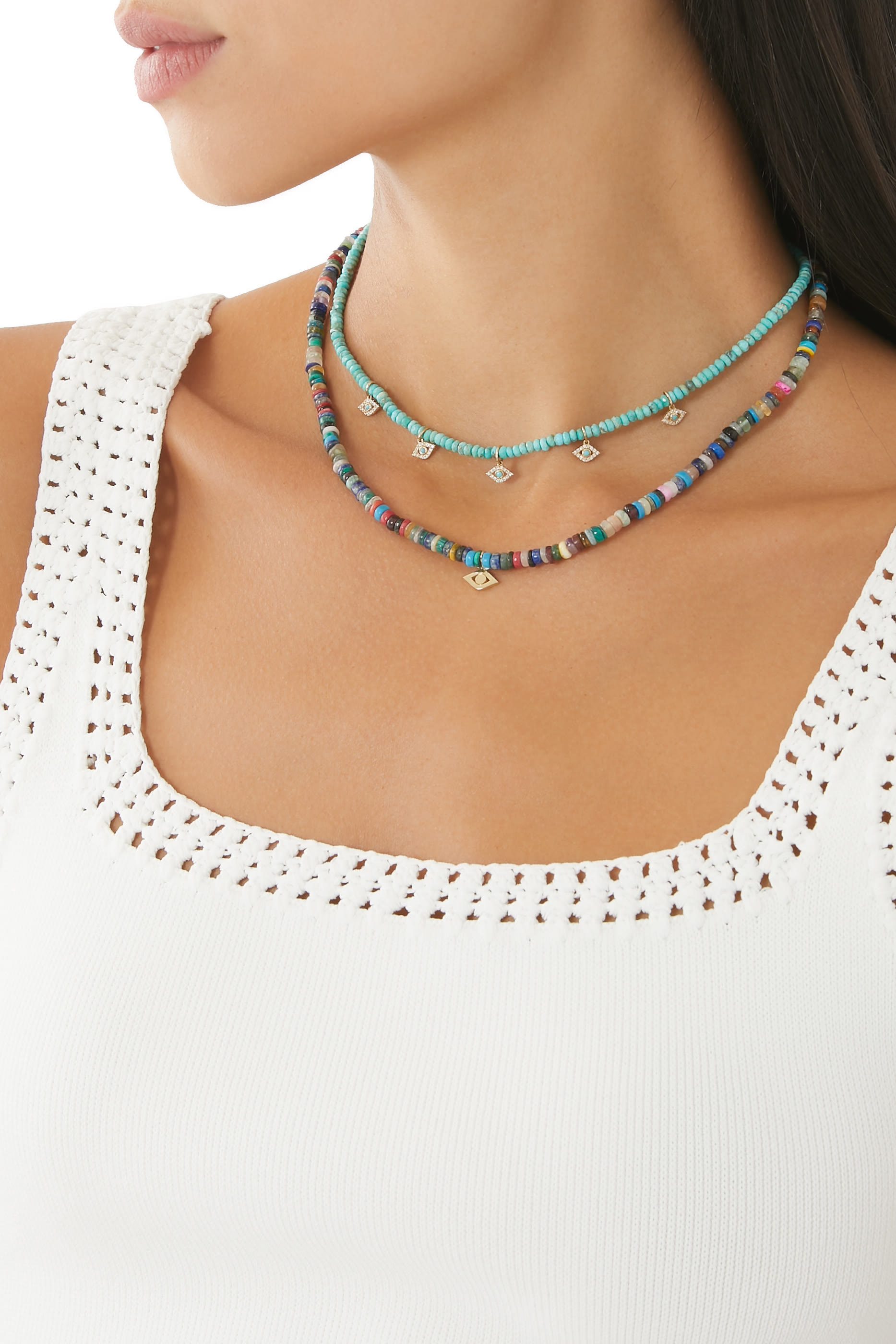 Evil Eye Pendant Heishi Beaded Necklace, 14k Yellow Gold & Heishi Beads