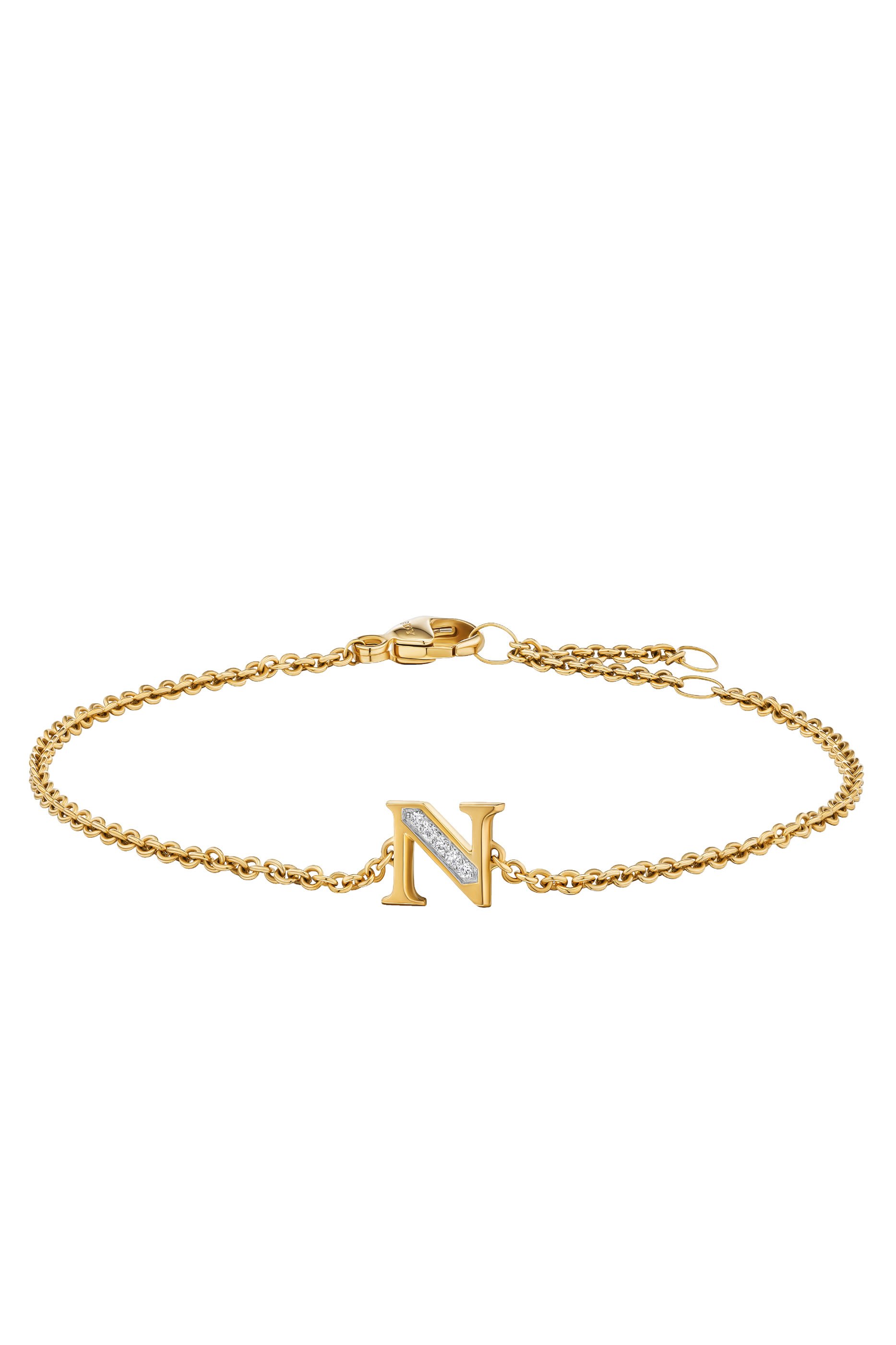 Petite Pavé N Initial Chain Bracelet, 18k Yellow Gold & Diamonds