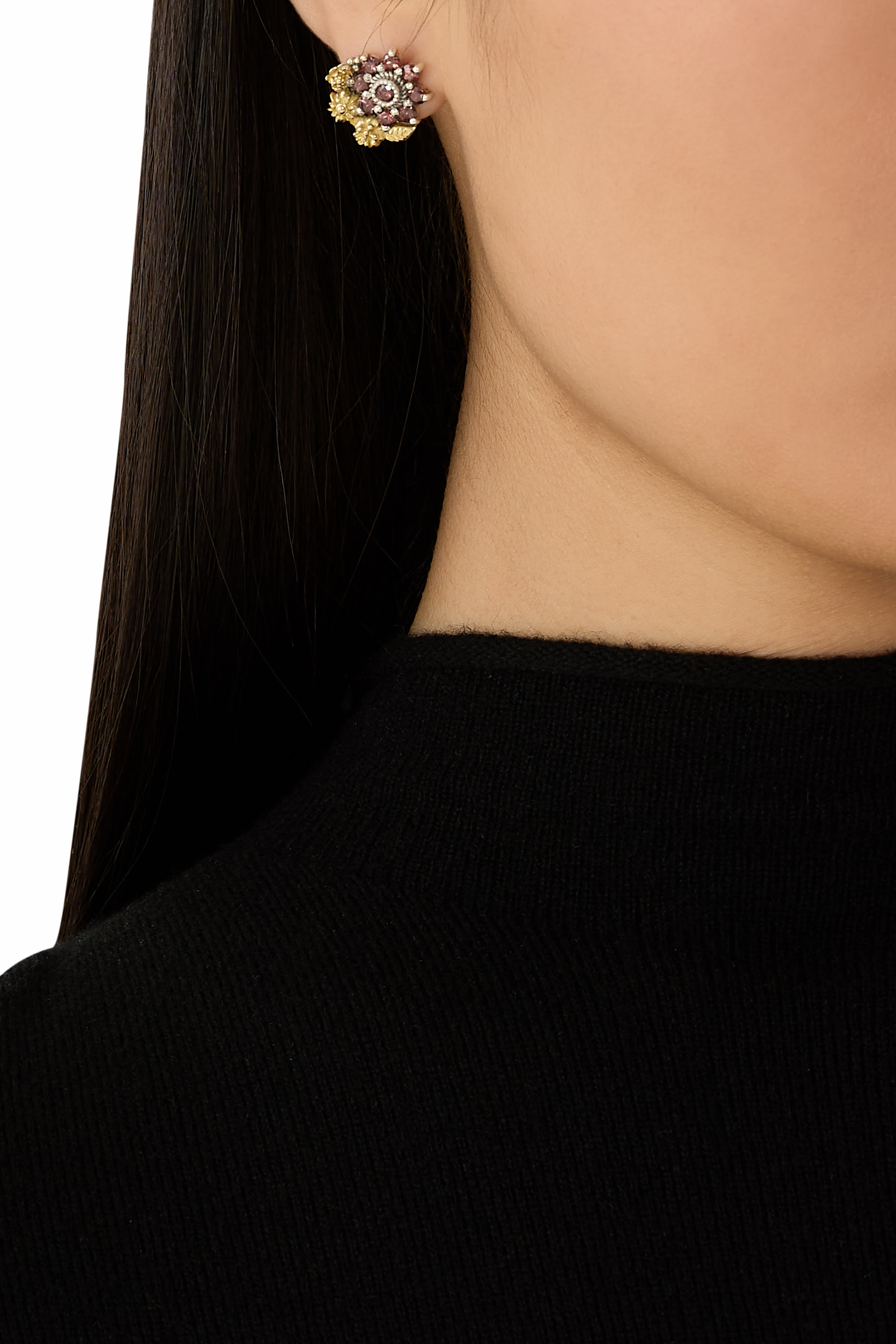 Mismatched Floral Earrings, 18K Yellow Gold with Sterling Silver &  Zircon 