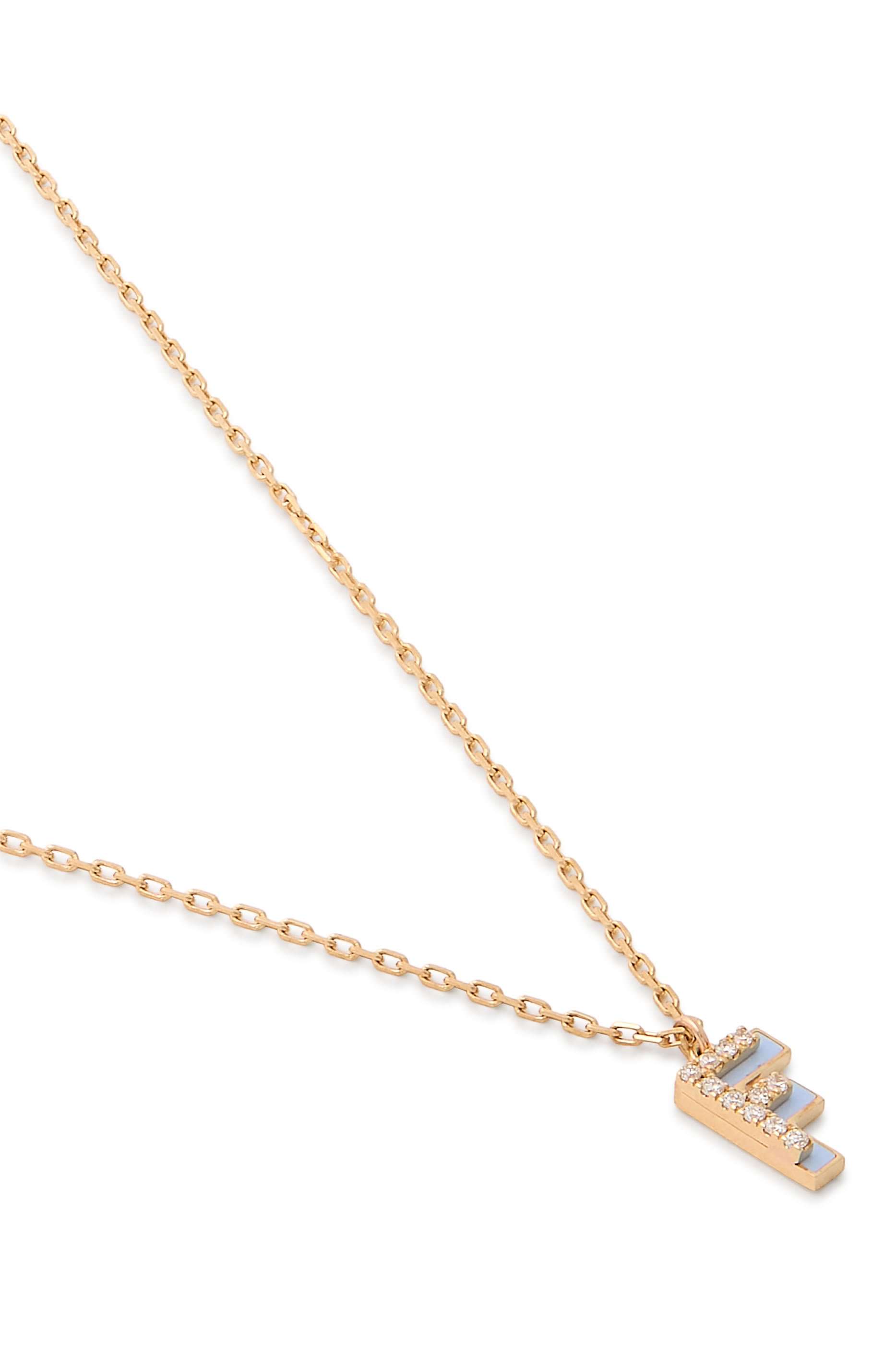 Letter F Silhouette Necklace, 18k Yellow Gold with Diamonds & Enamel