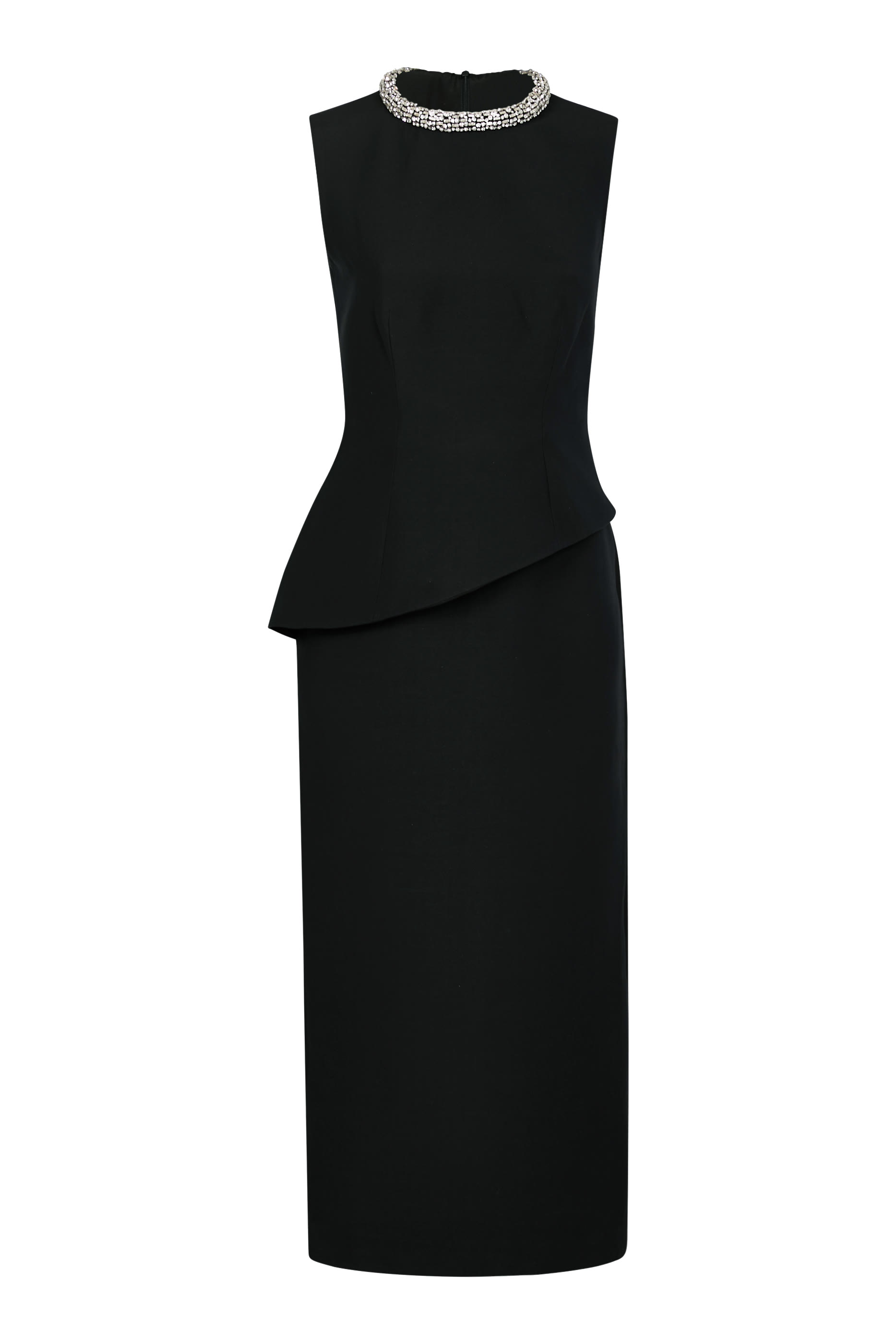 Crystal Neck Trimmed Asymmetric Peplum Midi Dress