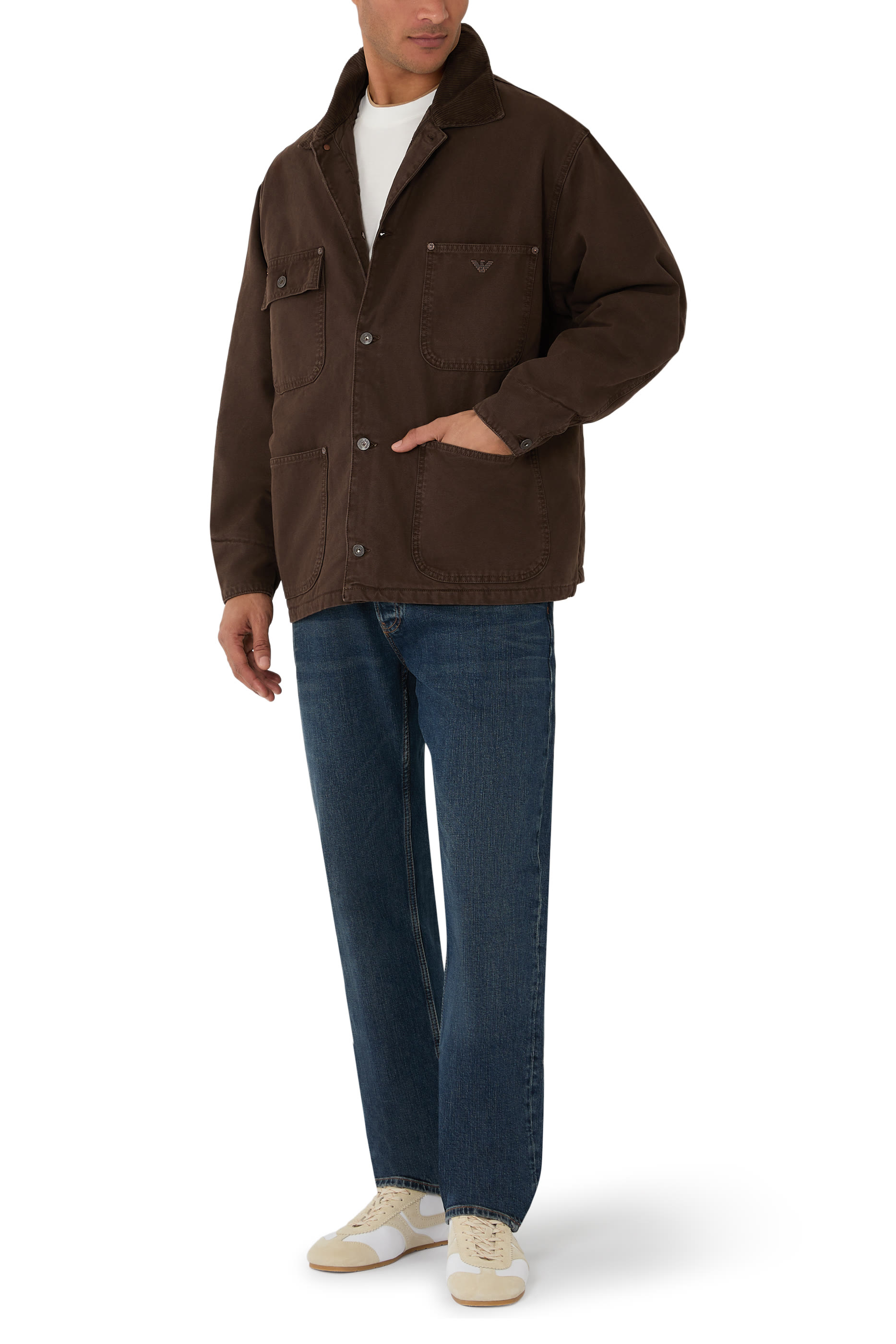 Corduroy Collar and Patch Pocket Caban Coat