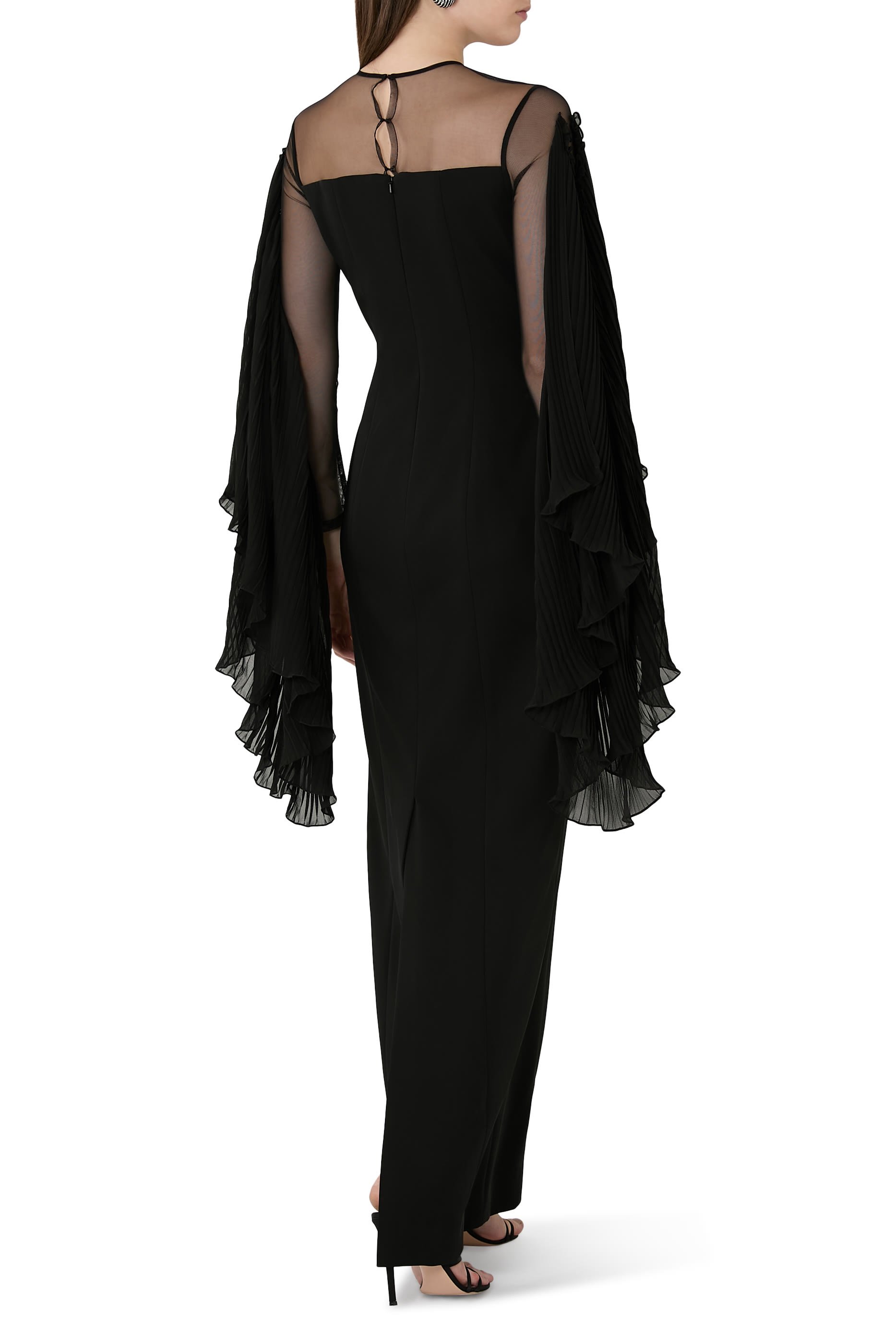 Long Sleeve Crepe Gown With Illusion & Pleated Chiffon Fringe Sleeve