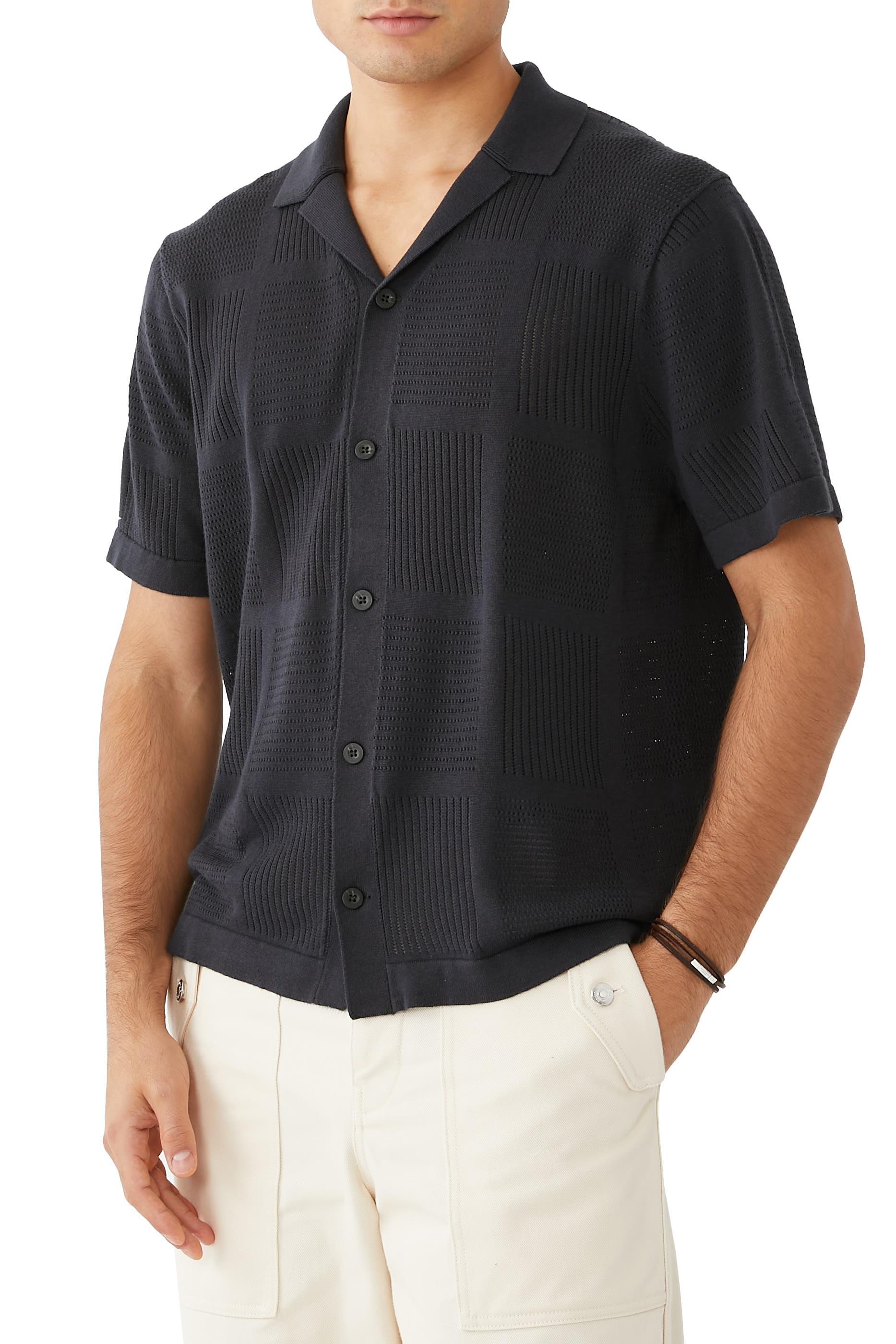 Patchwork Pointelle Short Sleeves Shirt