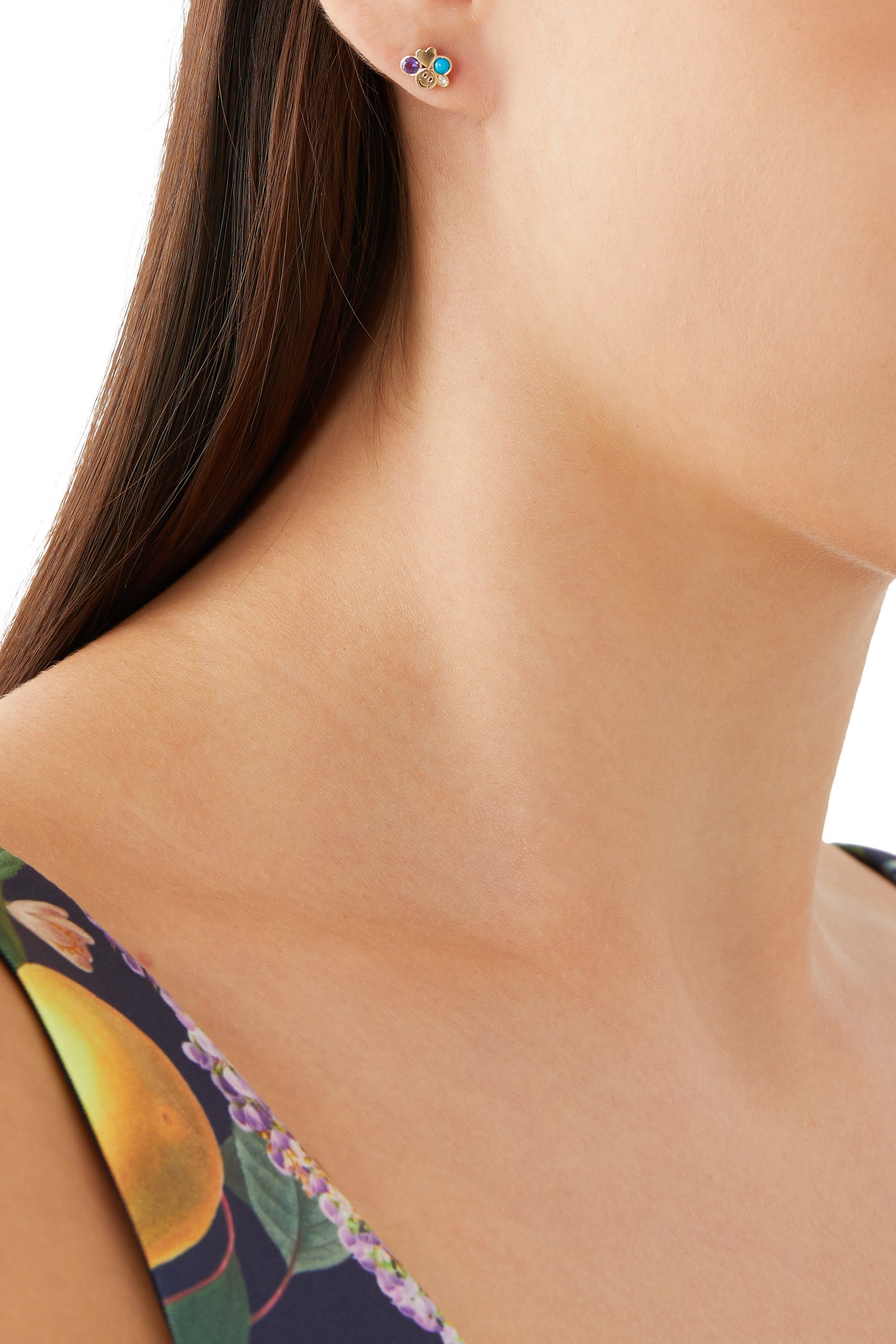 Happy Face Heart Iconography Cluster Stud Earrings, 14K Yellow Gold and Diamonds