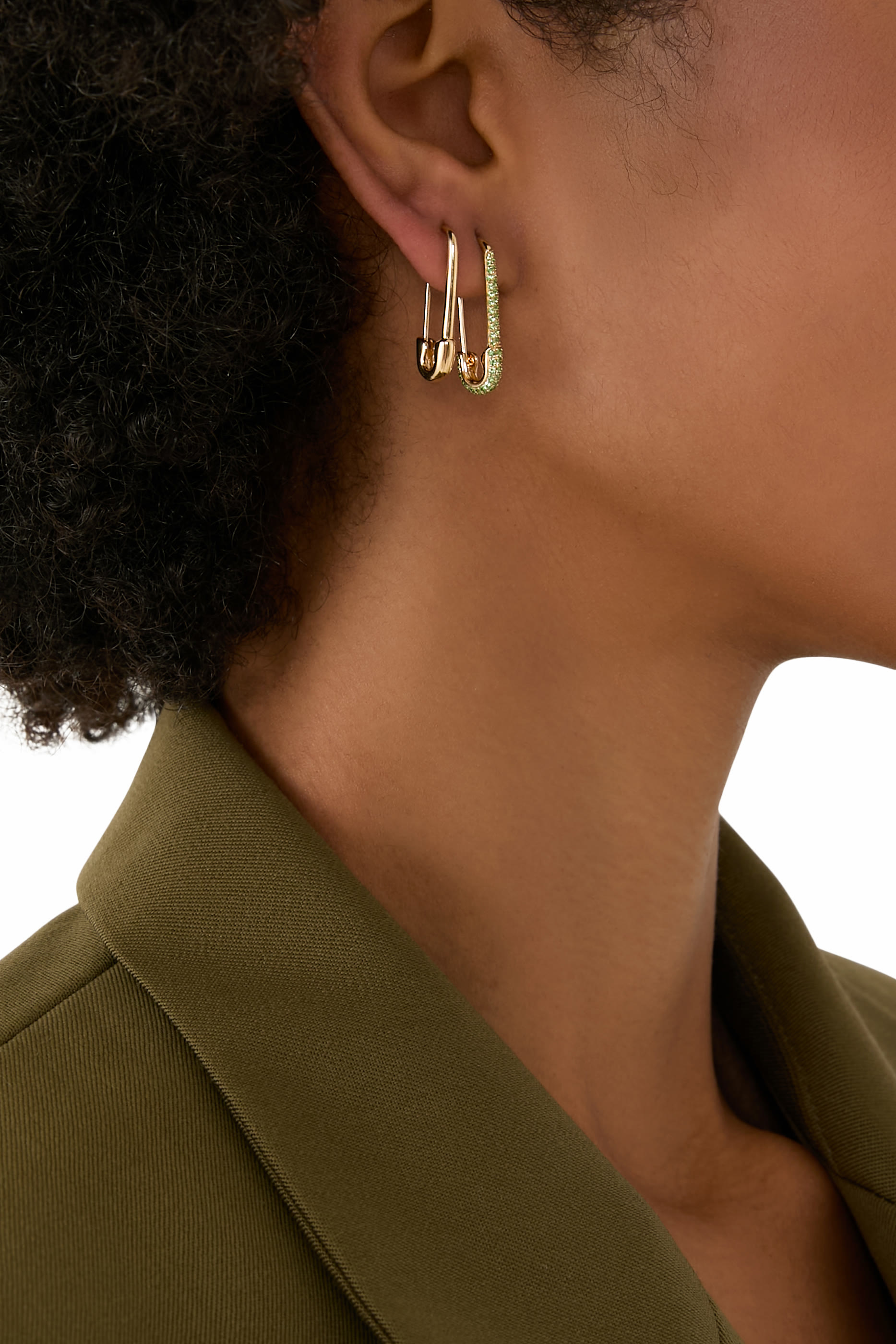 Tsavorite Safety Pin Earring Right, 18K Yellow Gold & Tsavorite