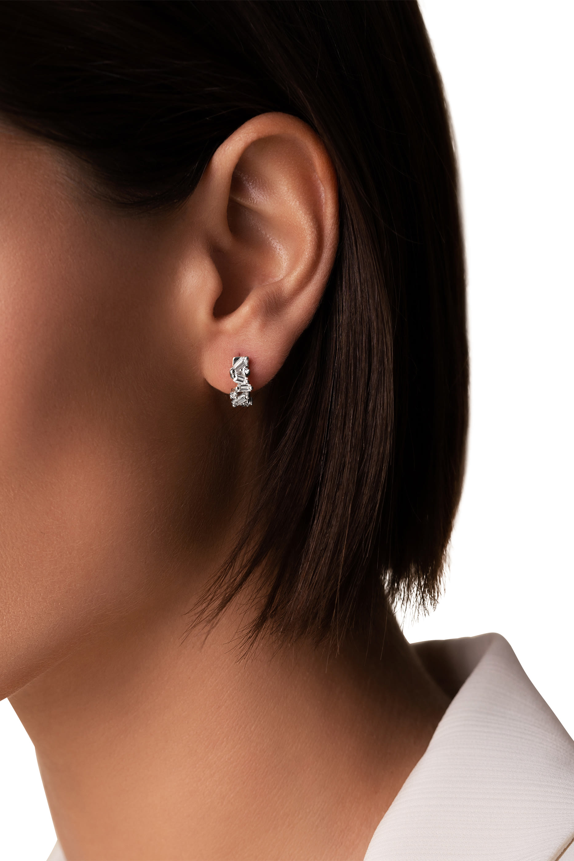 Fireworks Huggie Earrings, 18k White Gold & Diamonds