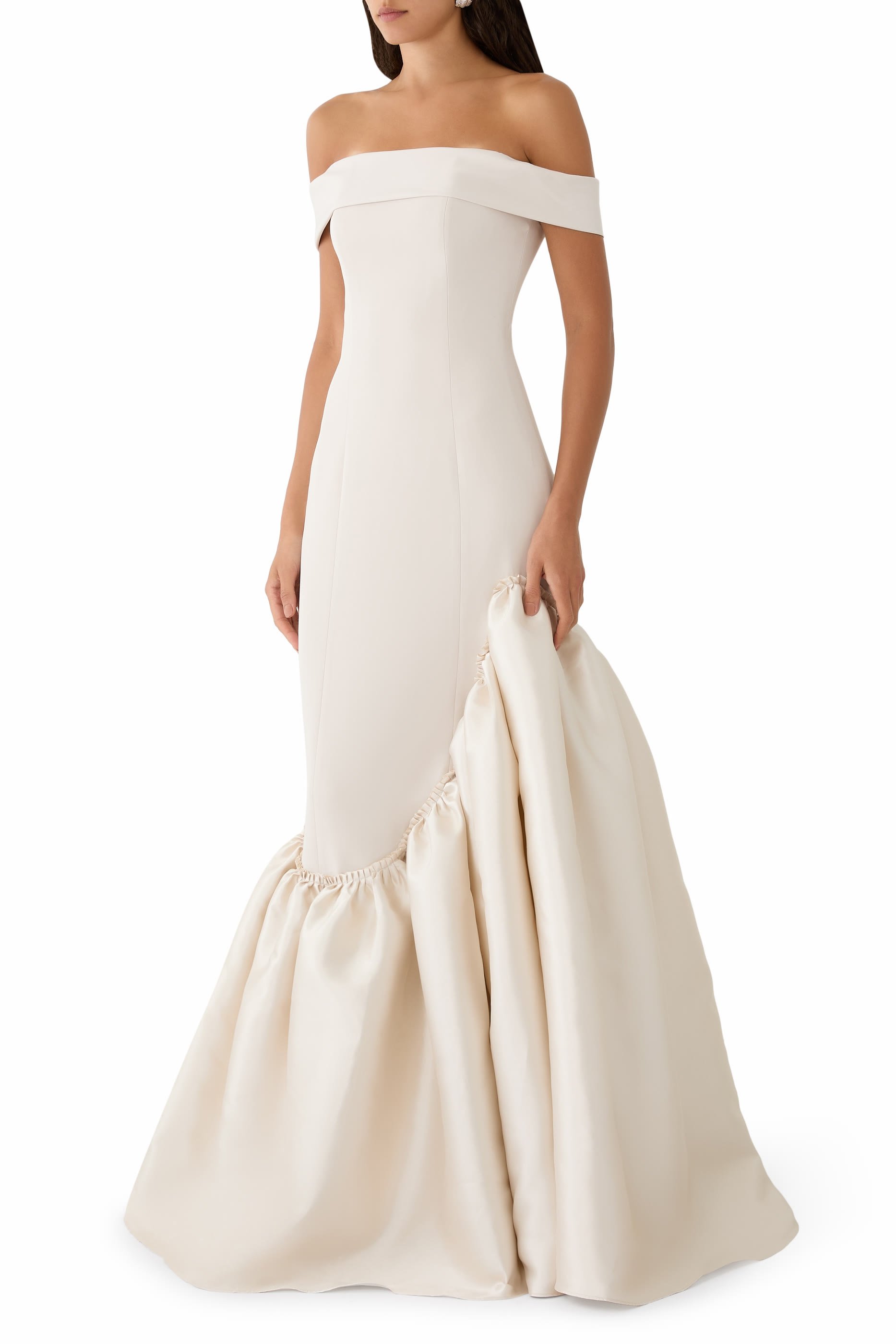 Off-Shoulder Slim Cut Crepe Gown With Asymmetrical Trumpet Mikado Skirt