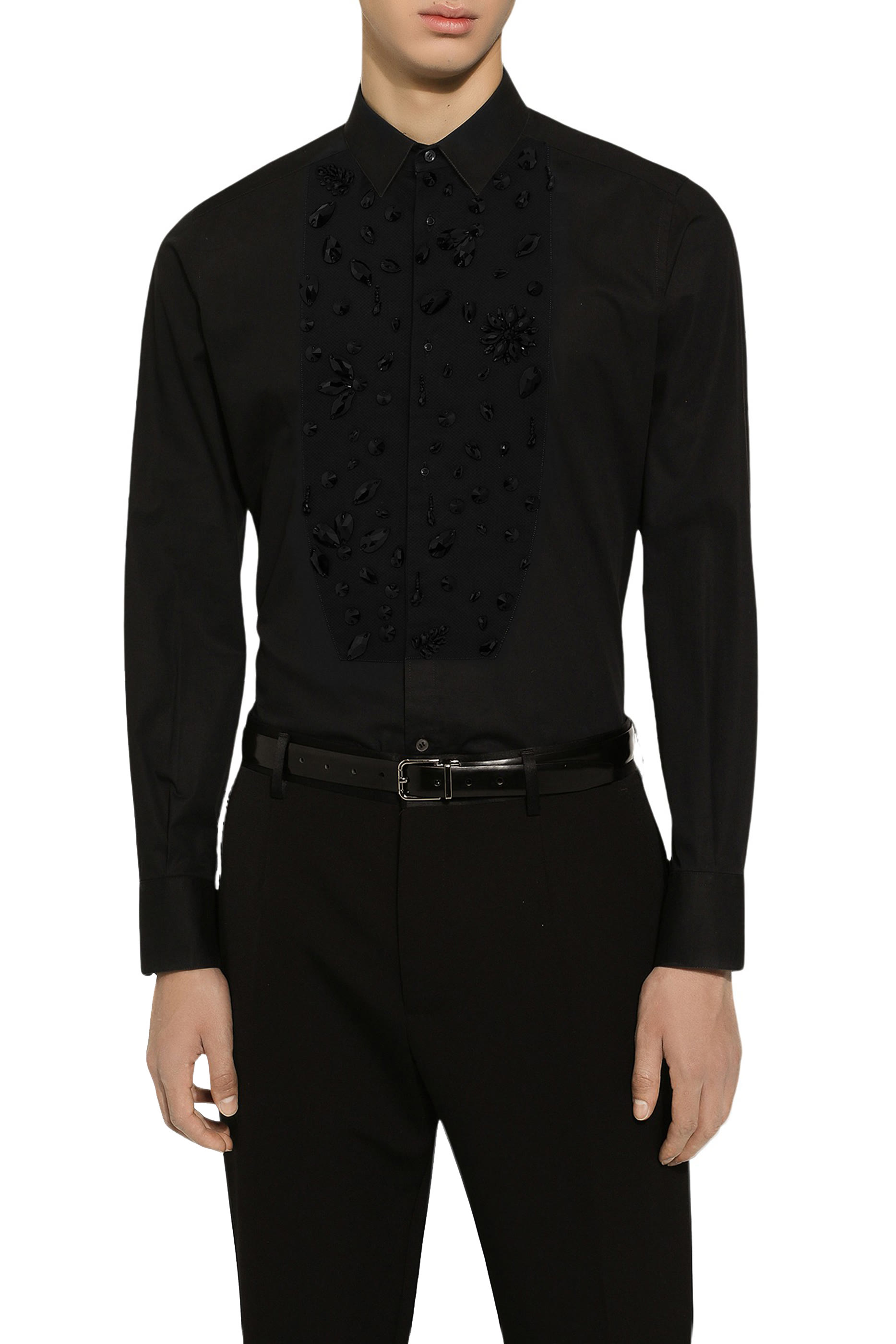 Rhinestone Embroidery Gold-Fit Tuxedo Shirt
