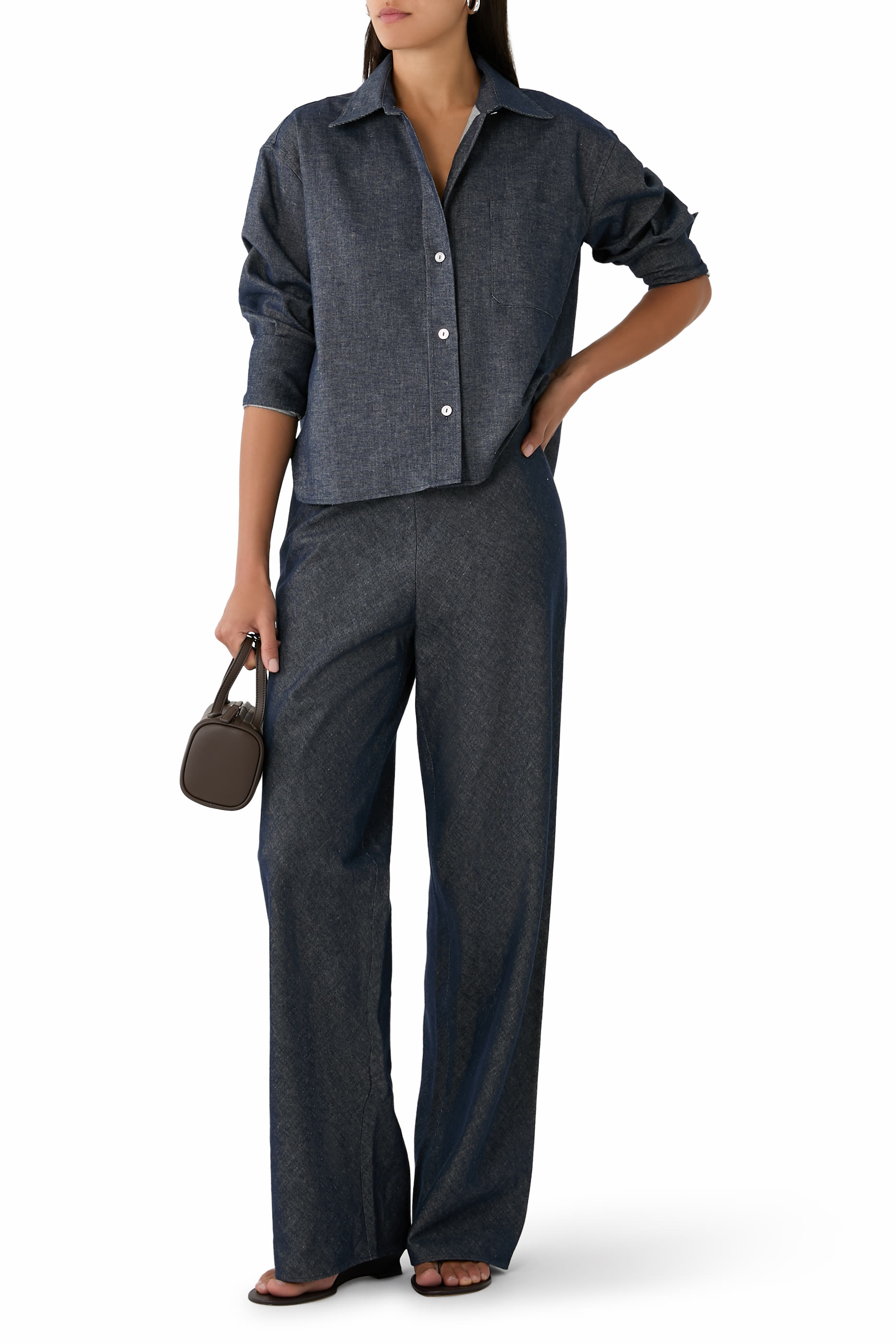  Cotton-Linen Chambray Cropped Button-Front Shirt