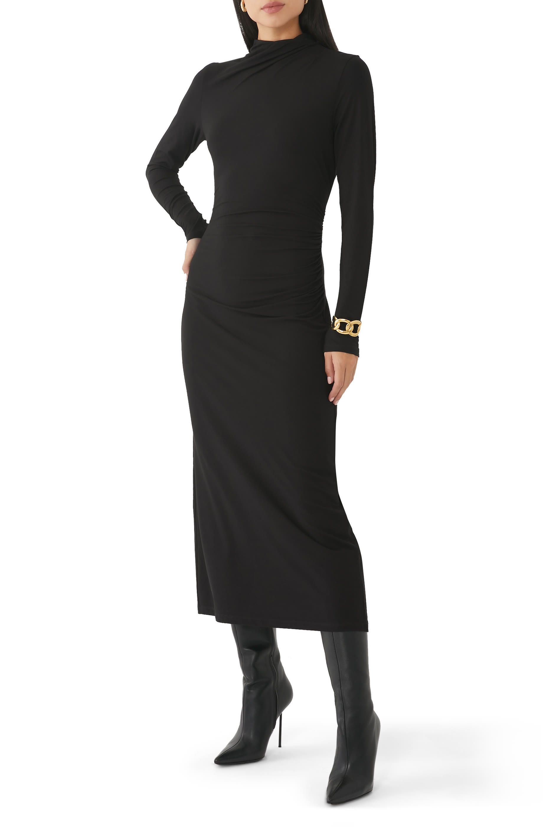 Turtle Neck Rouched Midi Dress