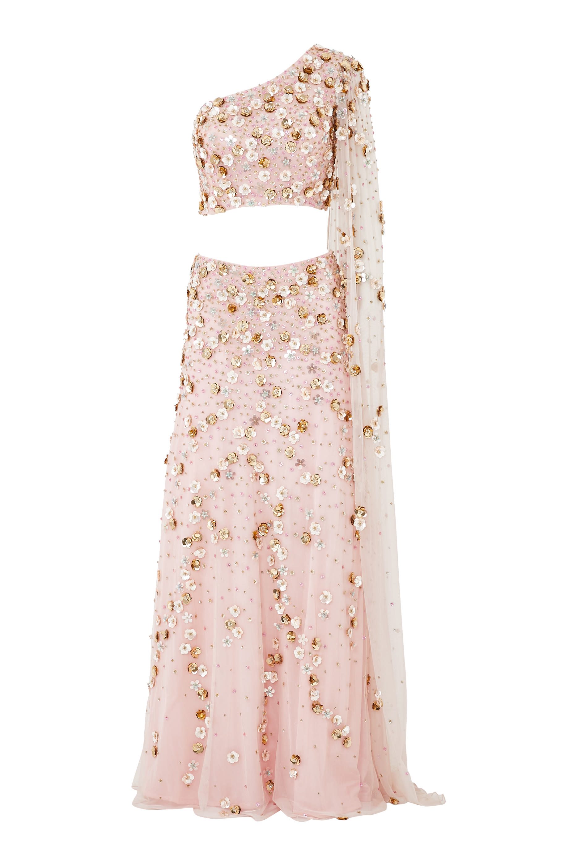 Inaya One Shoulder Train Drape Beaded Saree Gown